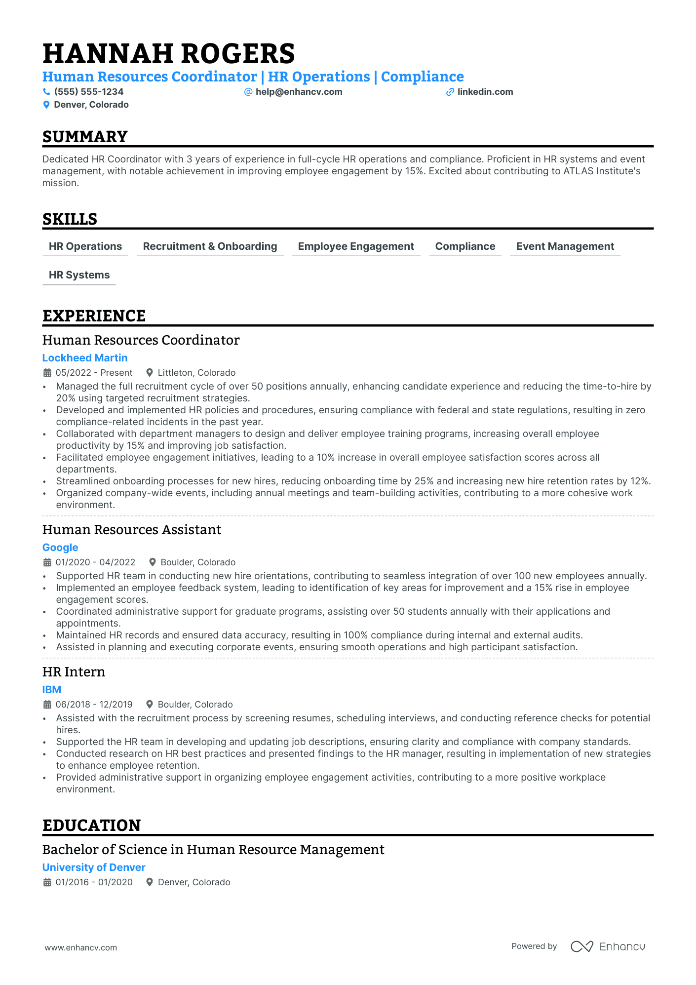 Human Resources Coordinator resume example