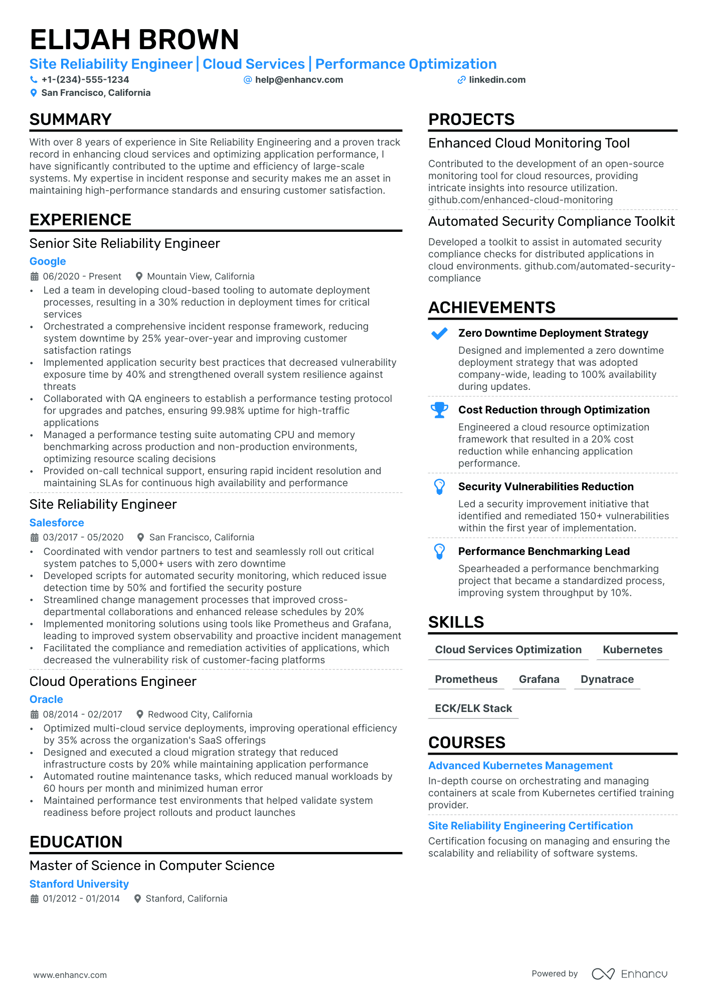 Site Reliability Engineer resume example