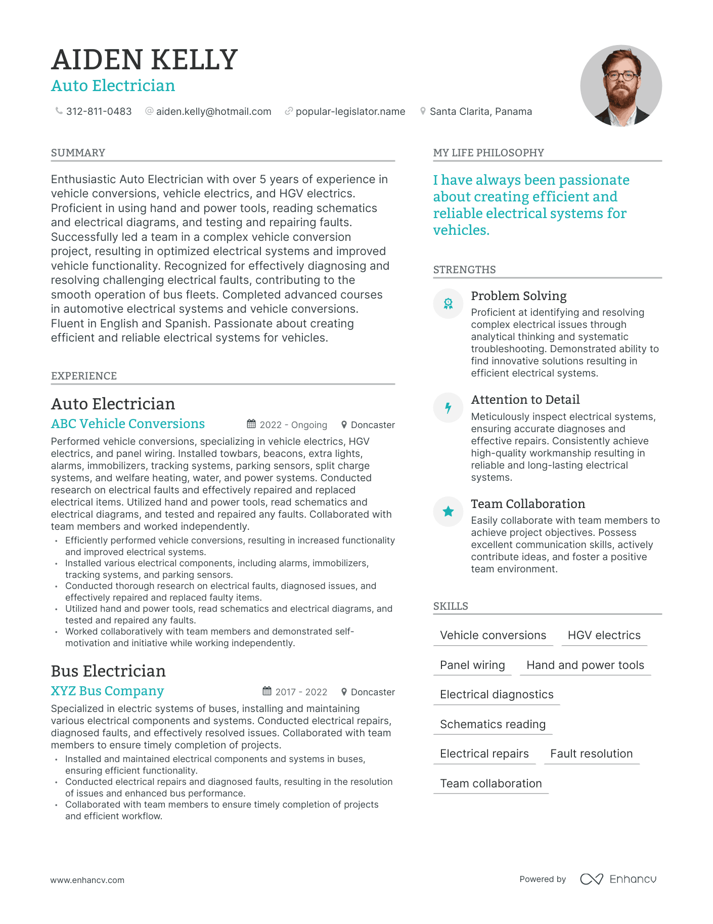 Modern Auto Electrician Resume Example