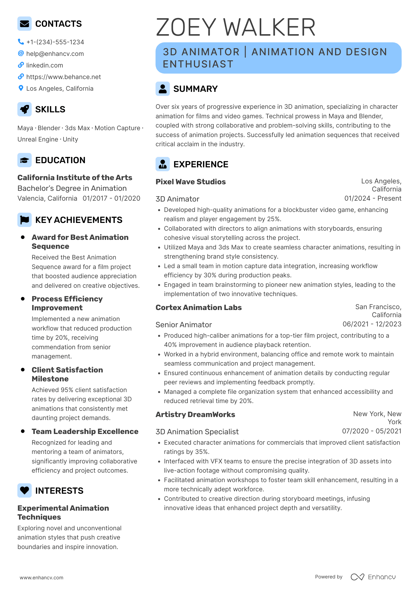 3D Animator resume example