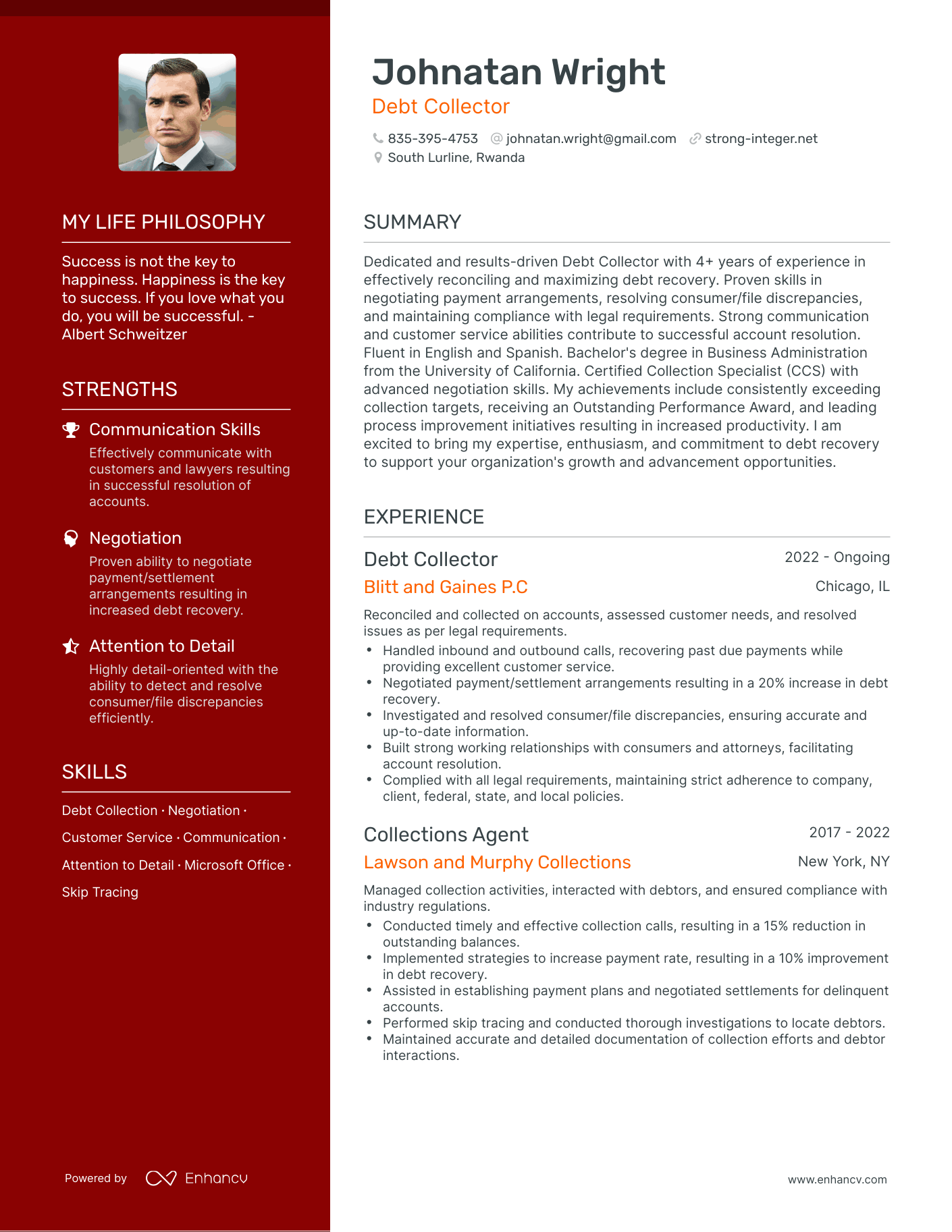 Creative Debt Collector Resume Example