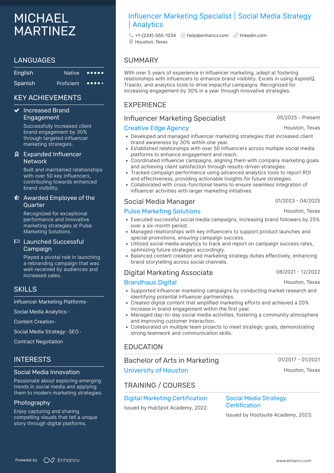 Influencer Marketing resume example