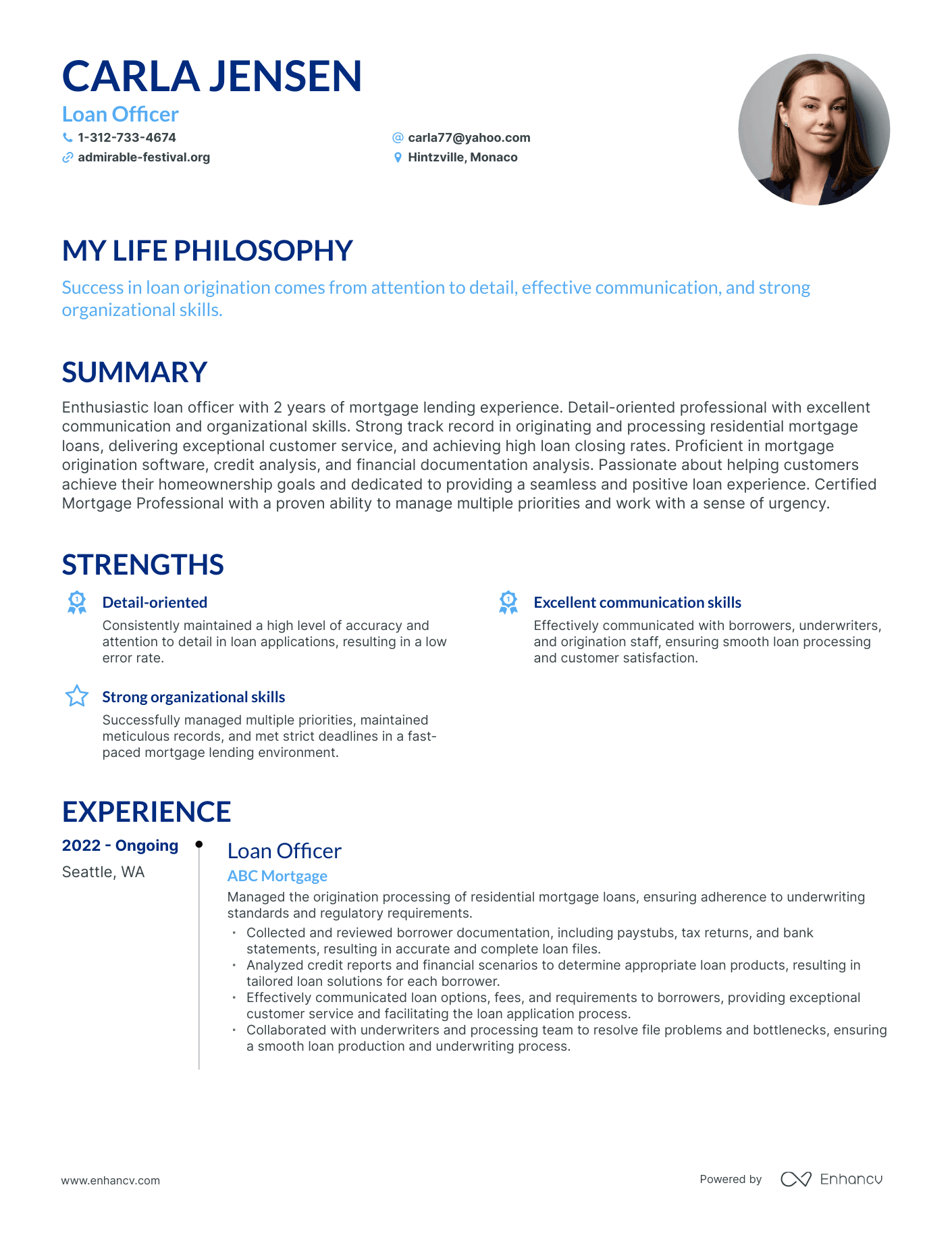 Creative Loan Officer Resume Example