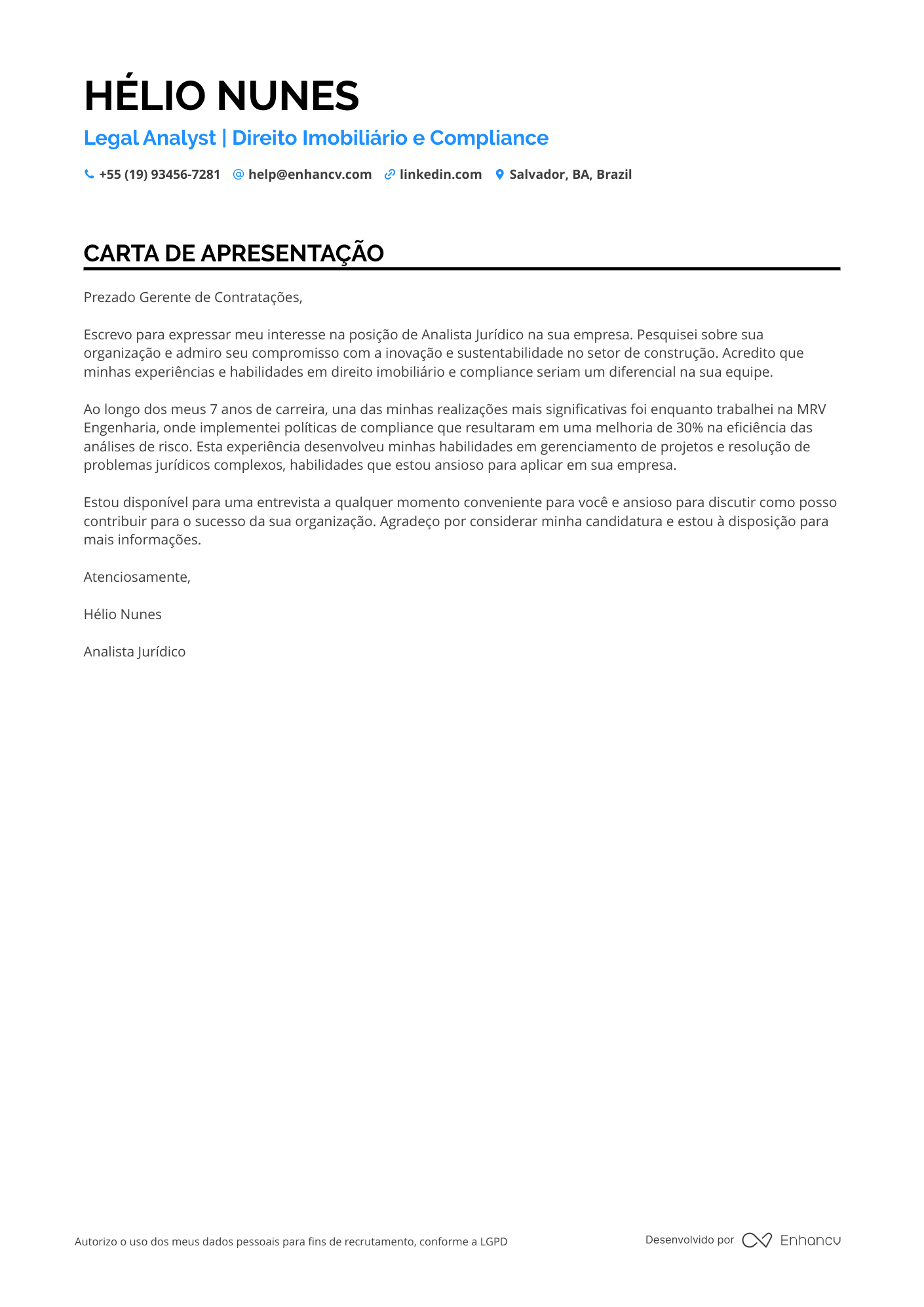 Assistente Jurídico Carta de apresentação