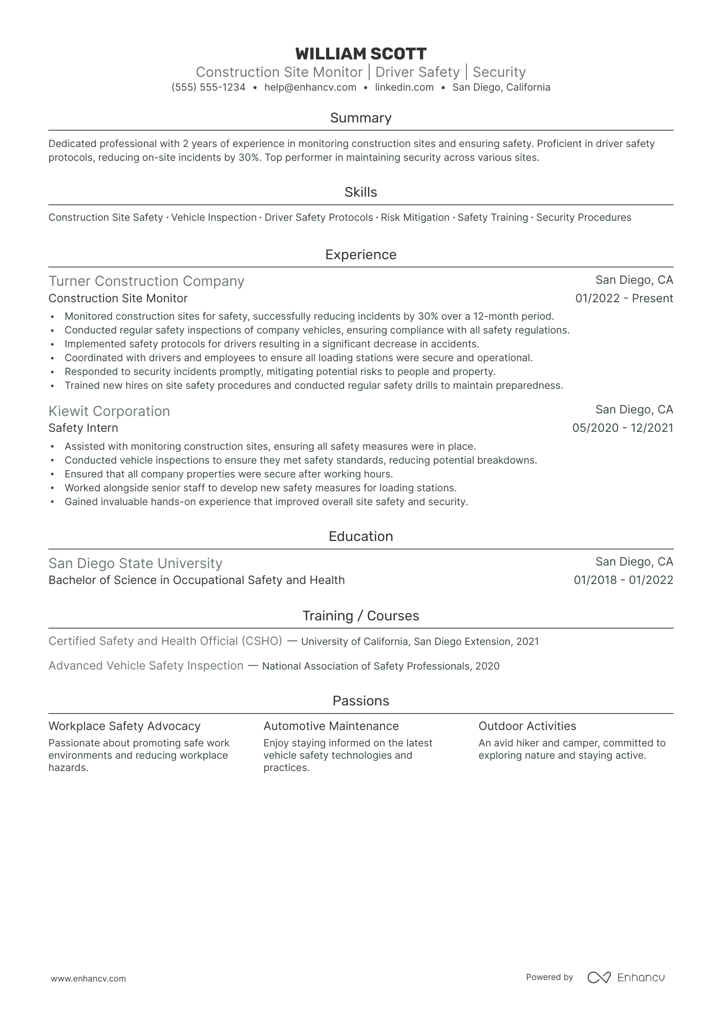 Construction Site Security Guard resume example