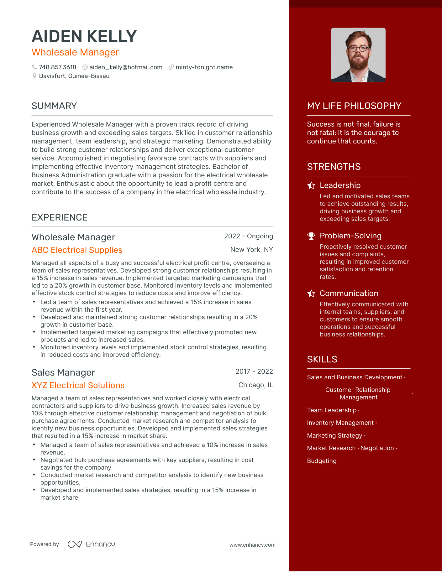 Wholesale Manager resume example