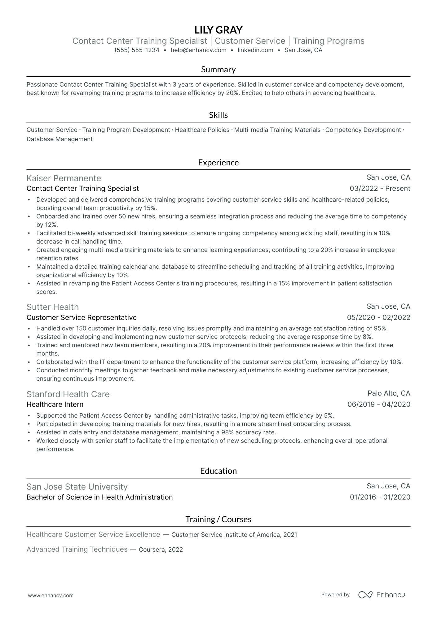 Call Center Training Specialist resume example