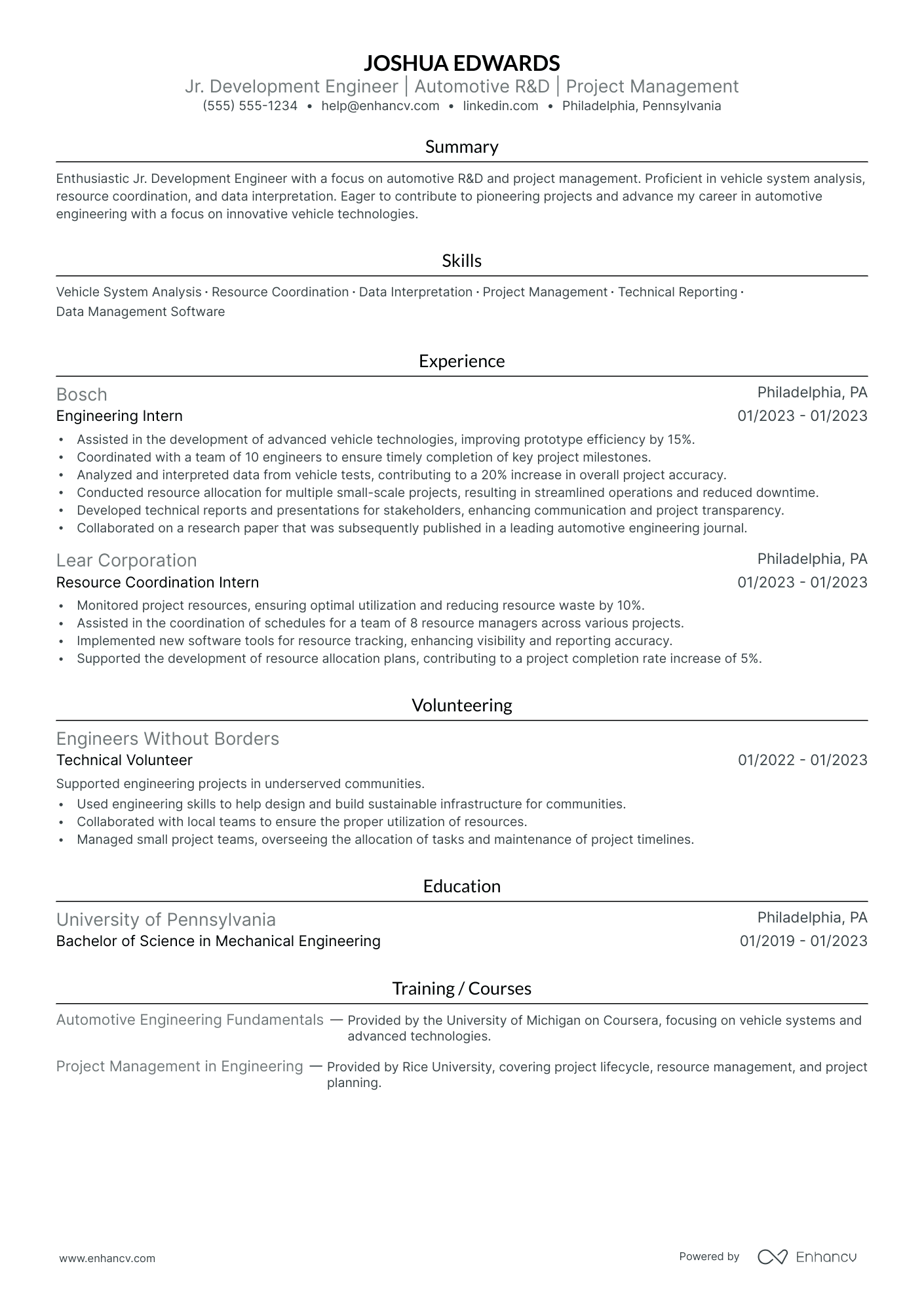 Entry-Level Automotive Engineer resume example