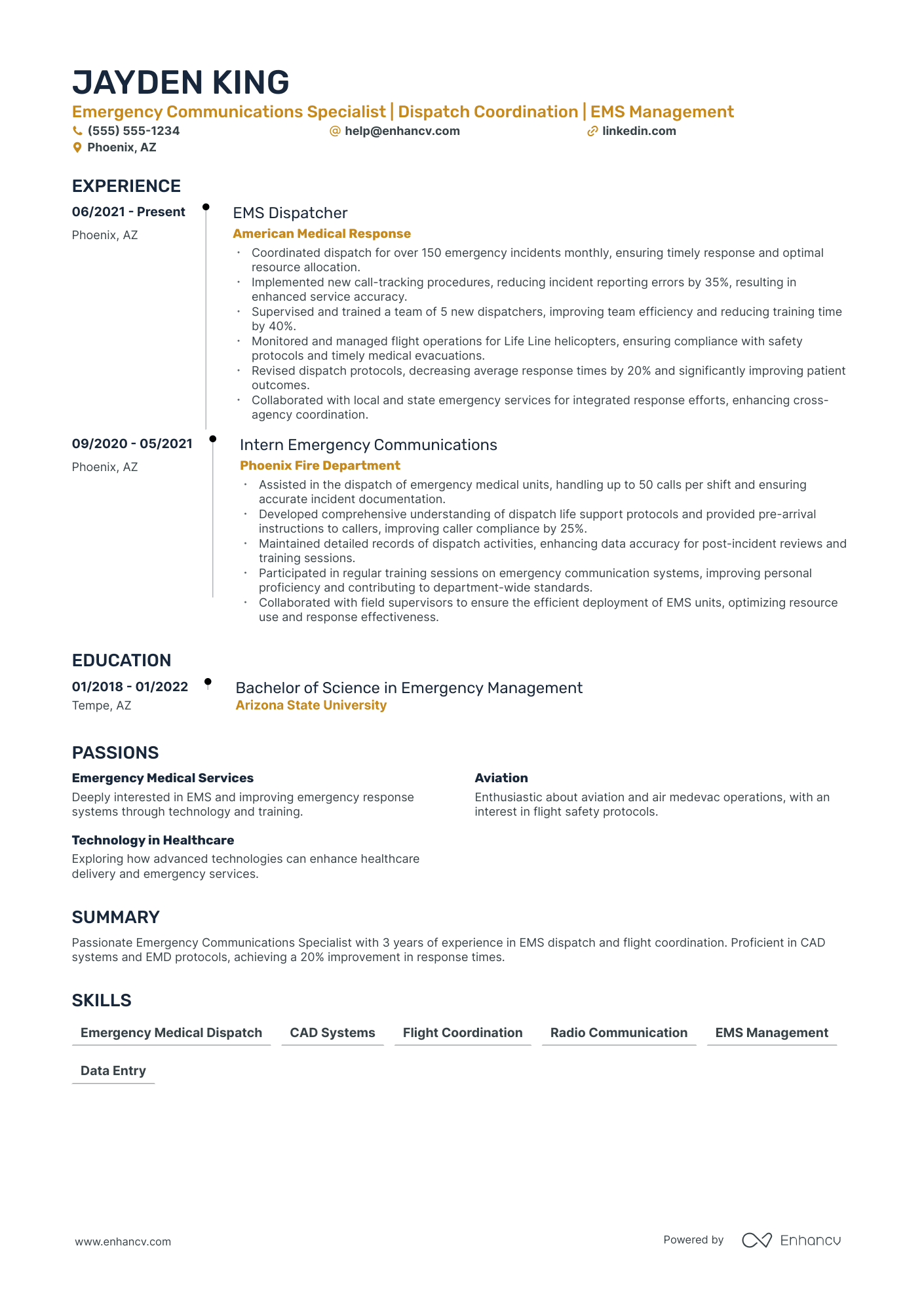 Medical Dispatcher resume example