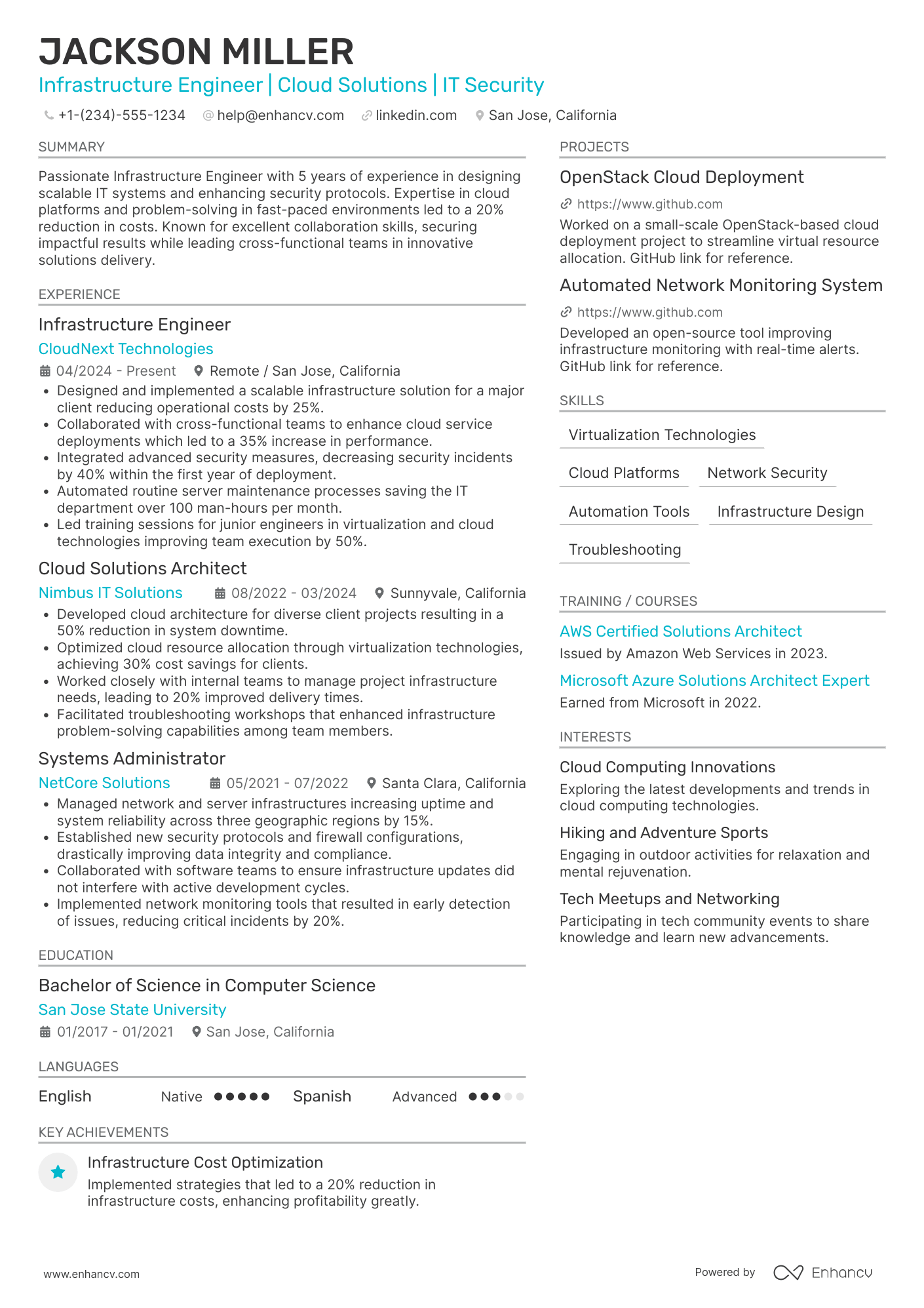 Infrastructure Engineer resume example