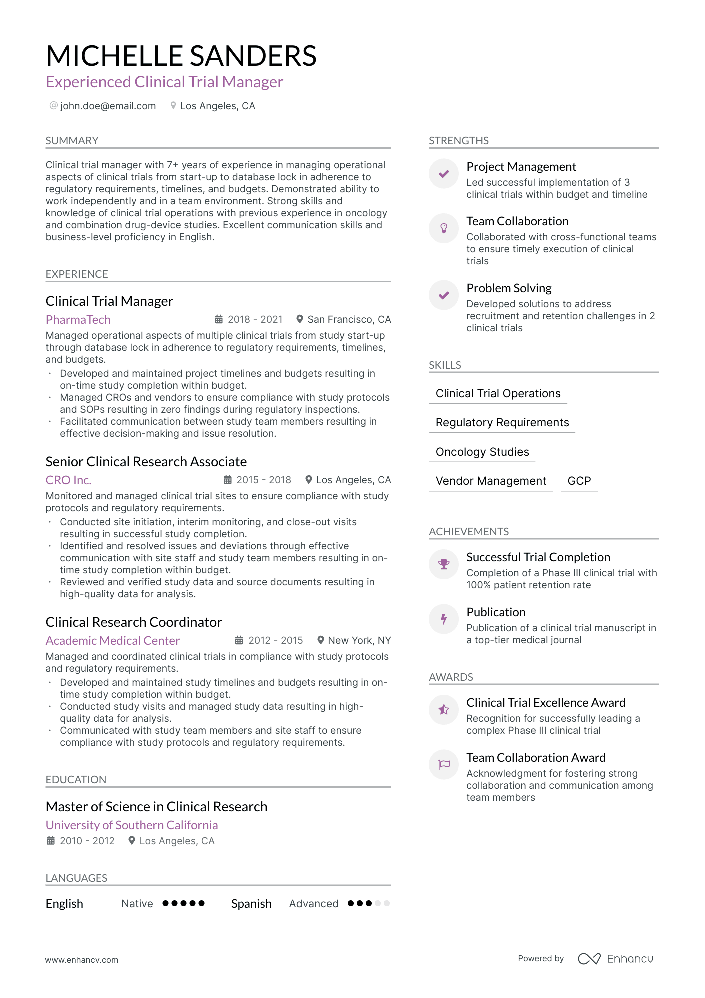 Clinical Trial Manager resume example