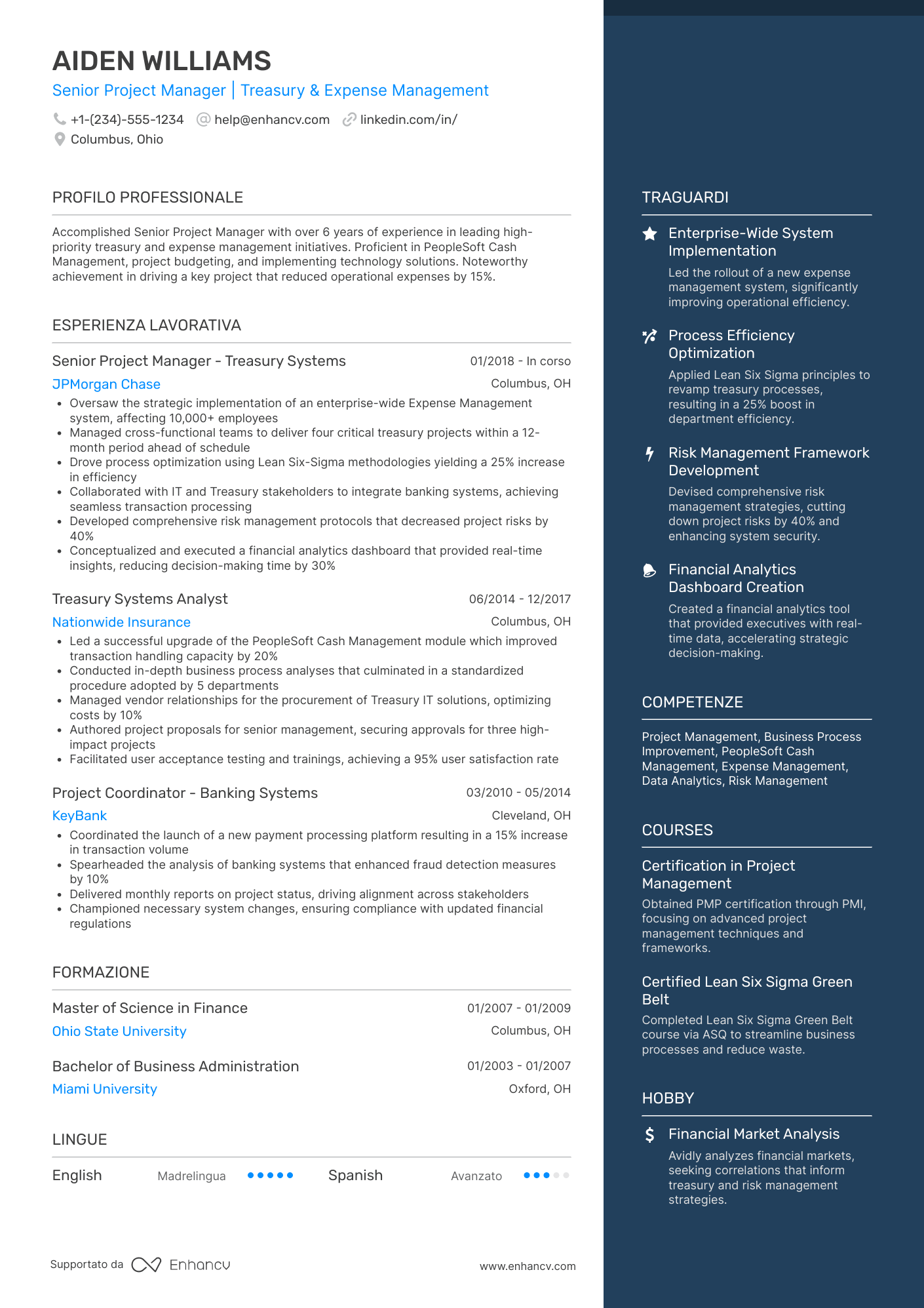 A two column resume template with a wider column for experience and a narrower, blue colored column for your highlights.