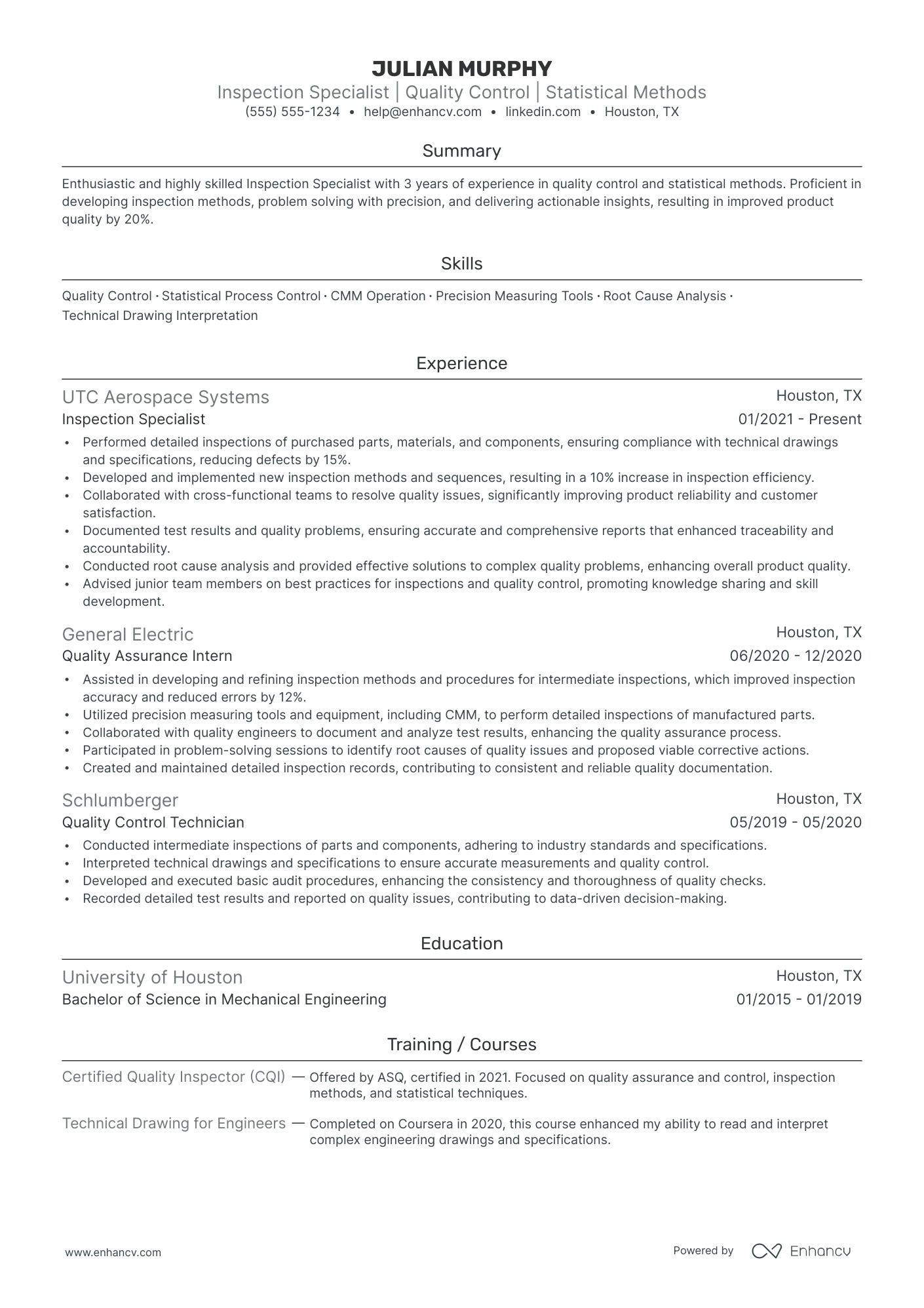 Quality Control resume example