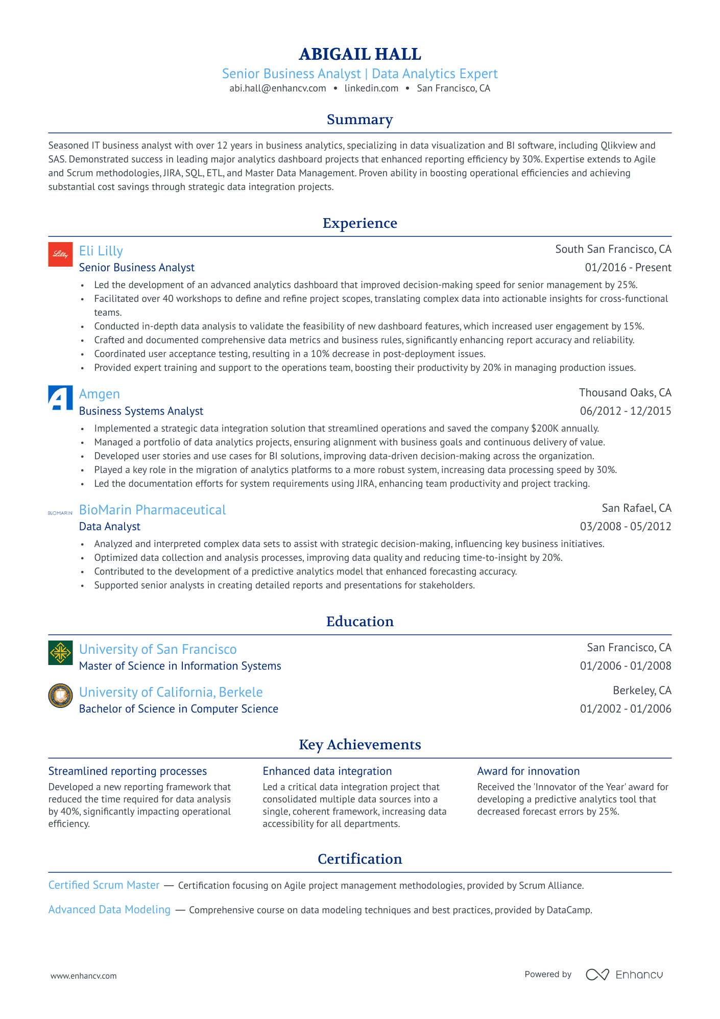 A single column, classic resume template with blue accent colors.