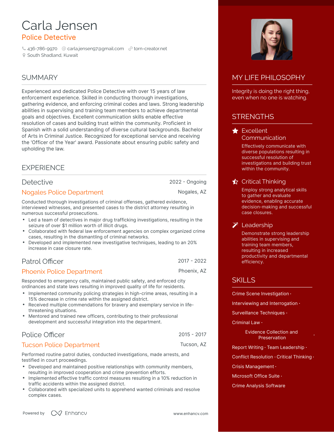 Modern Police Detective Resume Example