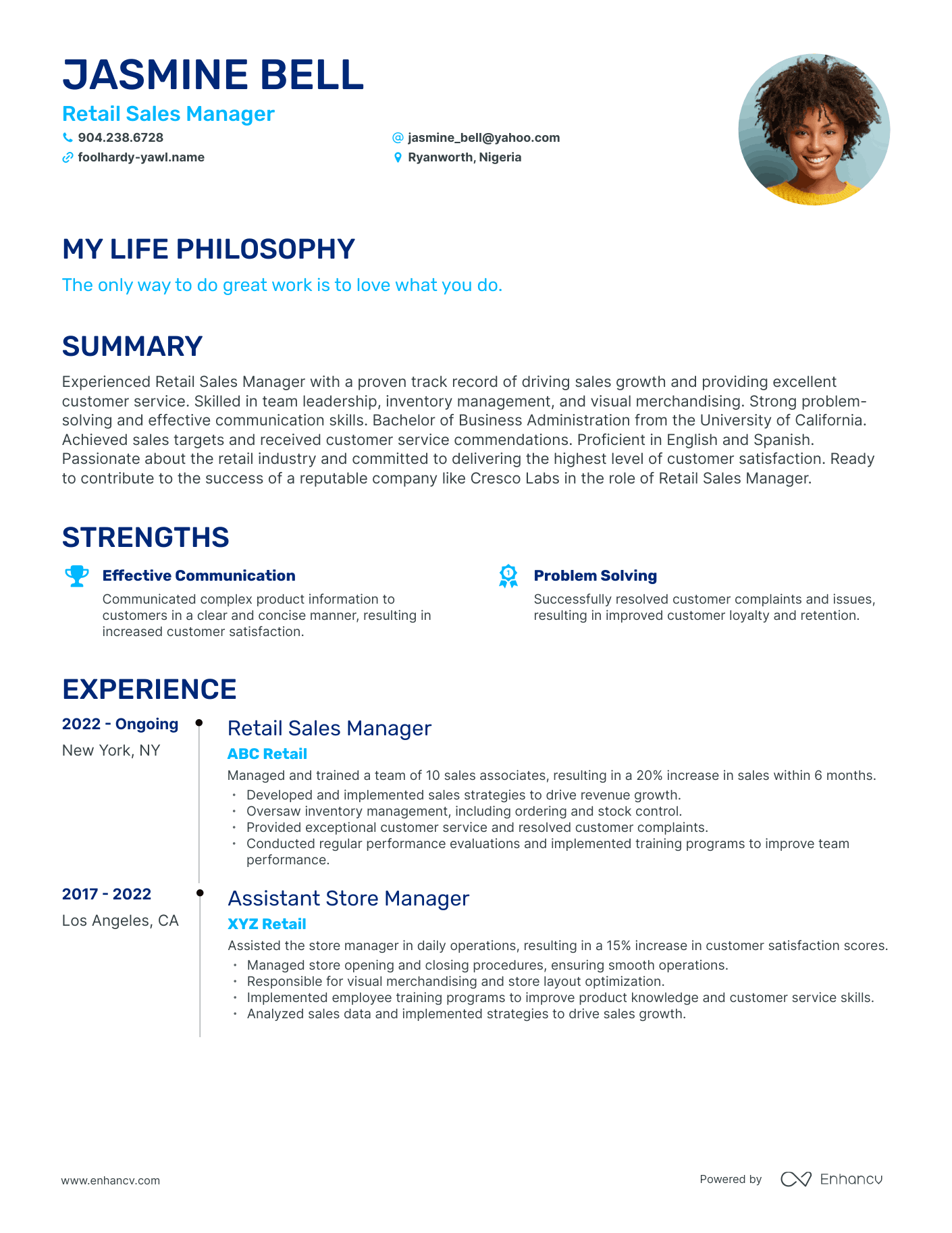 Creative Retail Sales Manager Resume Example