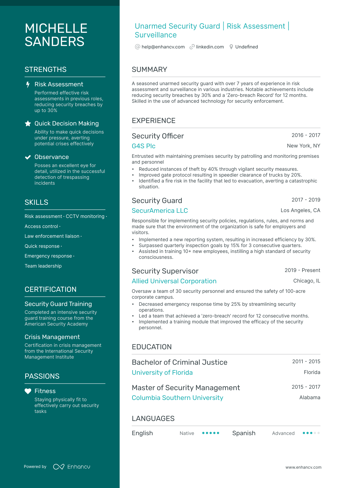 Unarmed Security Guard resume example