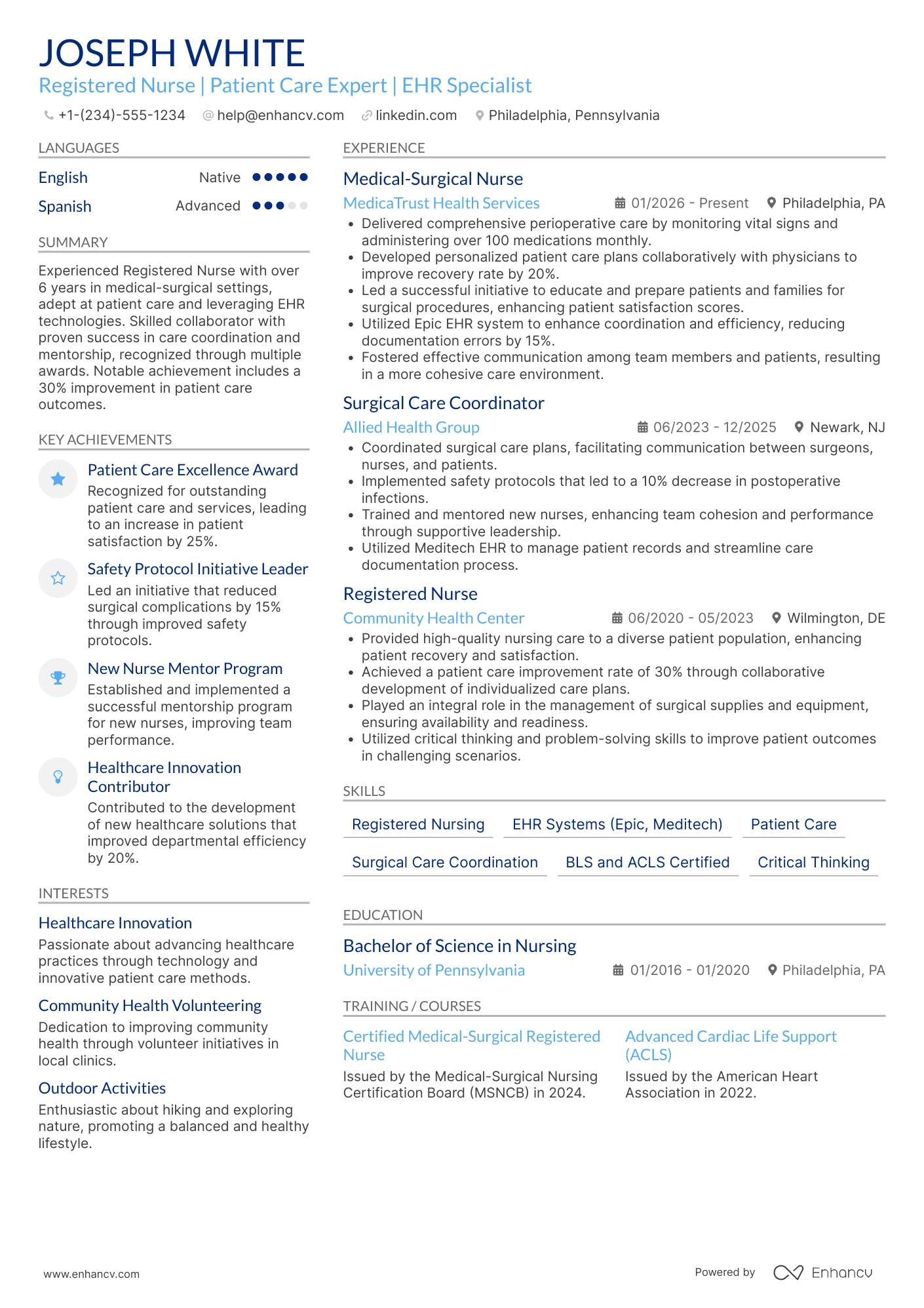 Medical Surgical Nurse resume example