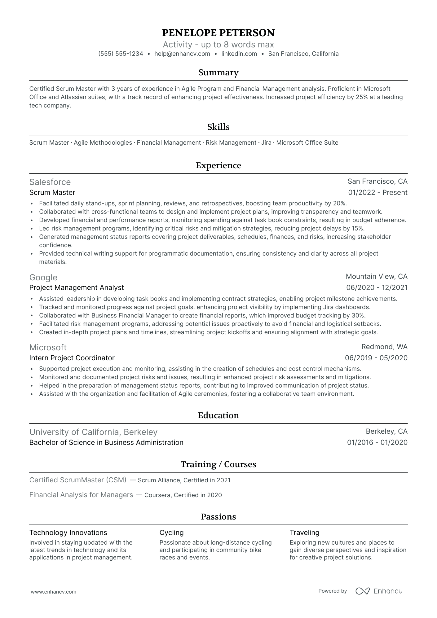 Certified Scrum Master resume example