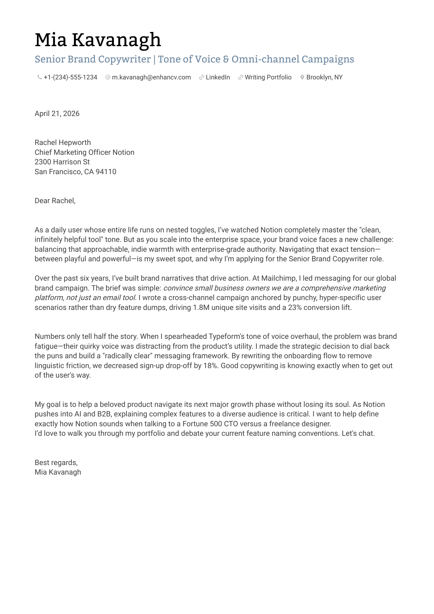 Copywriter cover letter