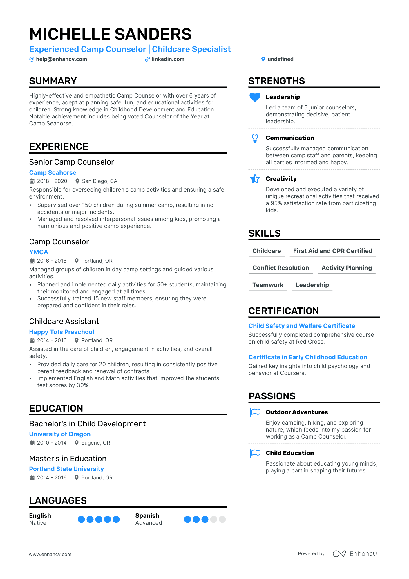 Summer Camp Counselor resume example