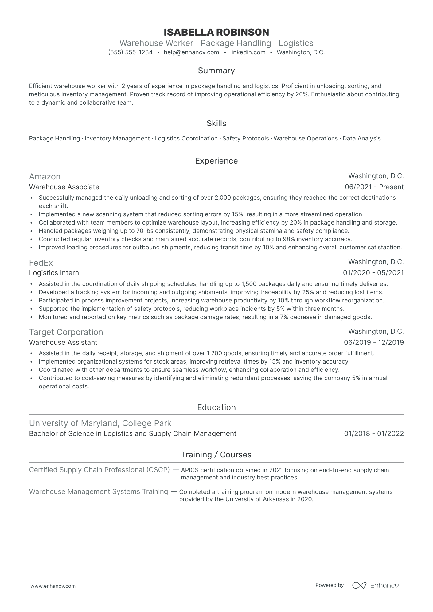 Overnight UPS Package Handler resume example