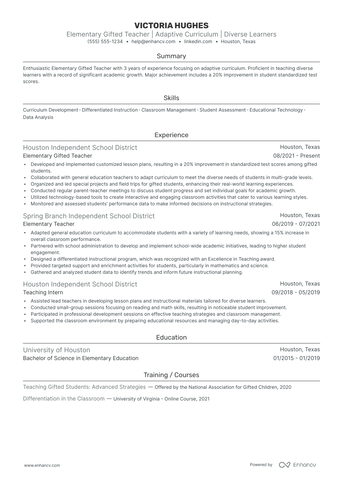 Elementary Teacher for Gifted Students Resume Example Resume Example