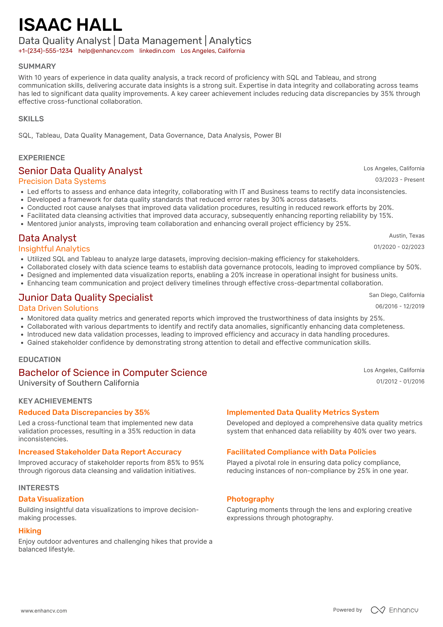 Data Quality Analyst resume example