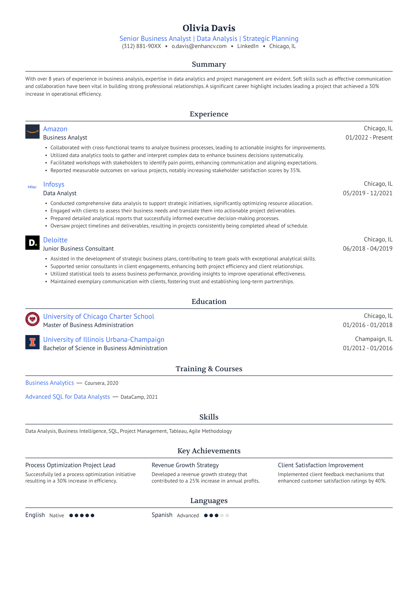 A single column, classic resume template with blue accent colors.