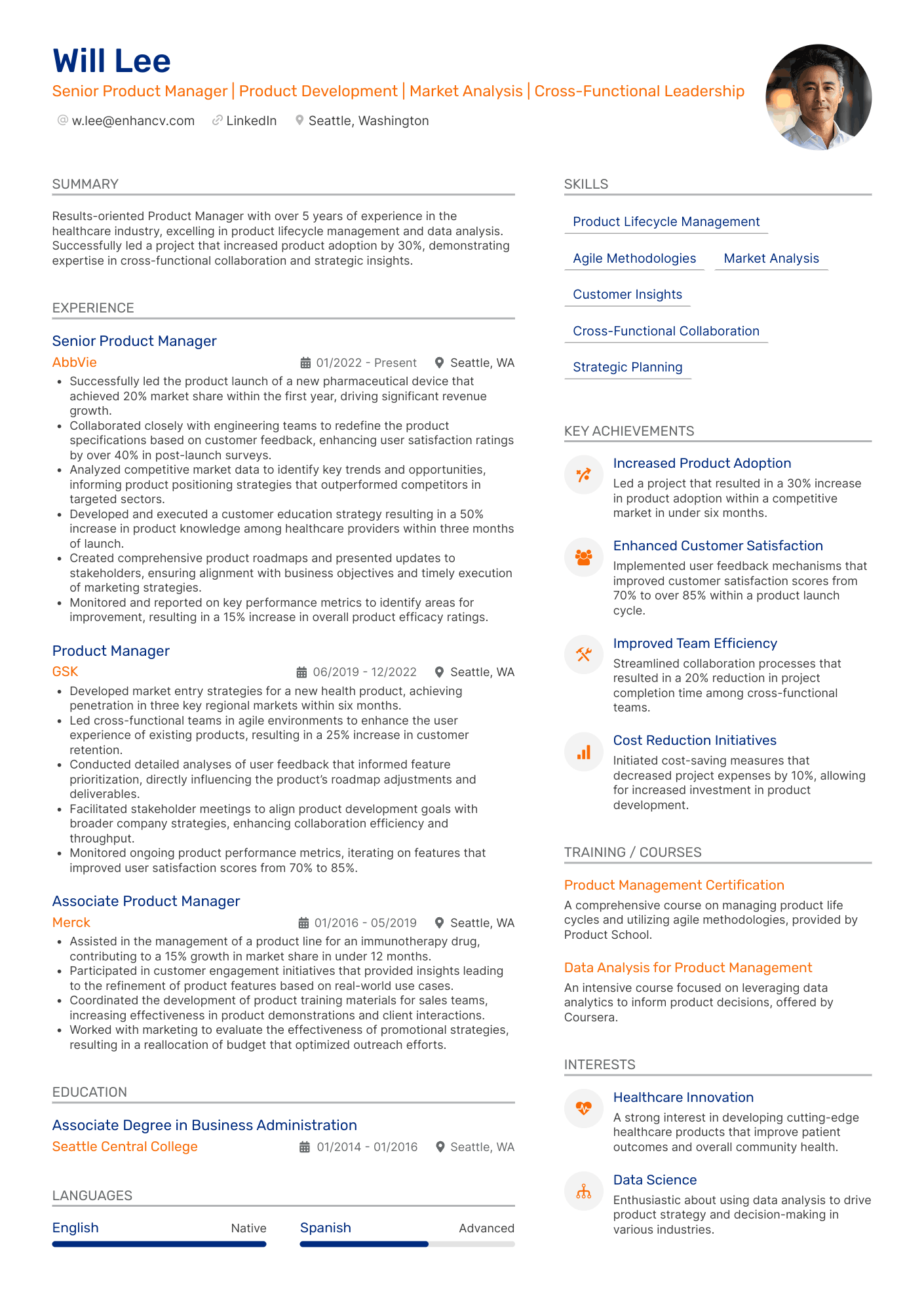 A product manager resume with two columns with orange and blue accent colors.y and an experience section in focus.