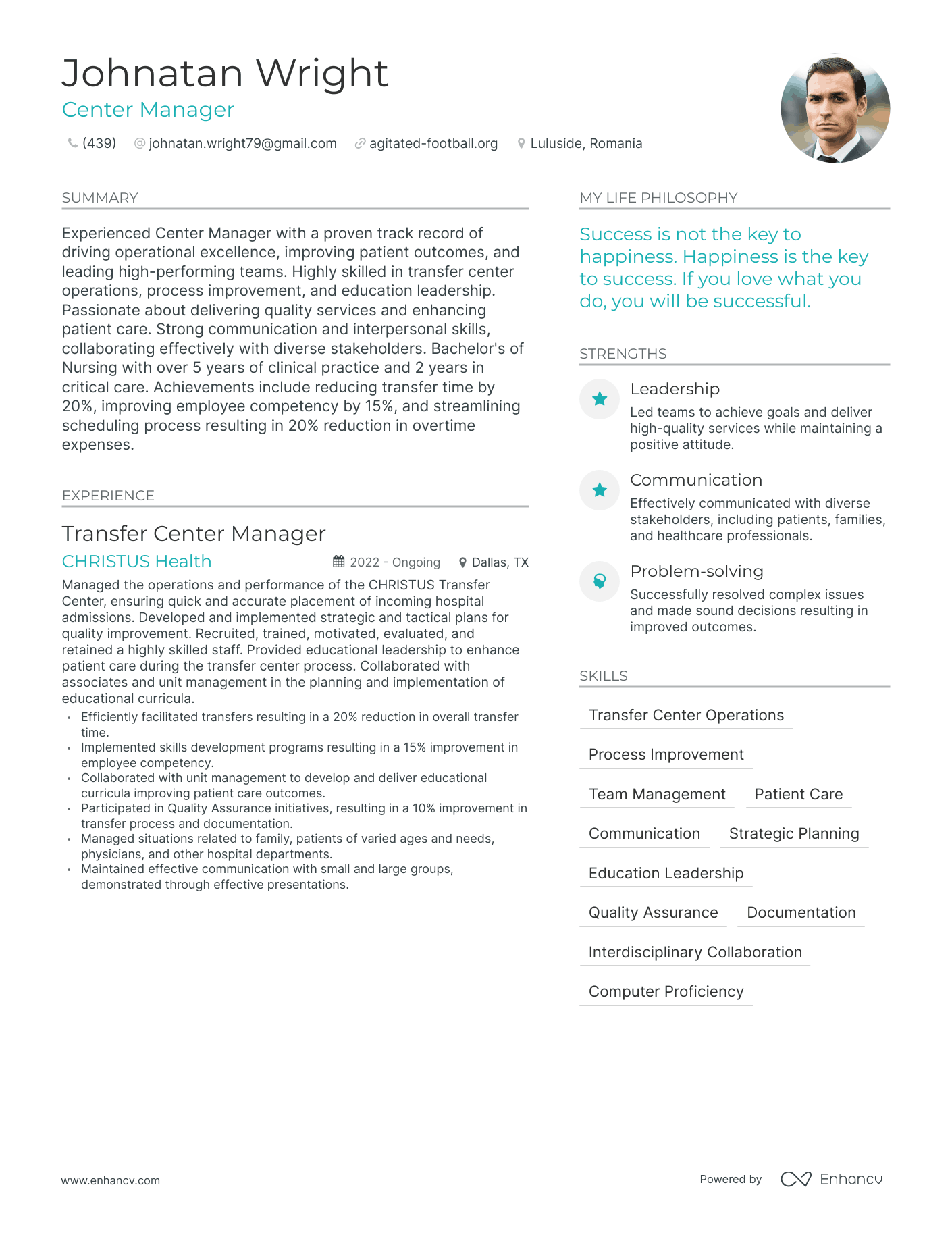 Center Manager resume example