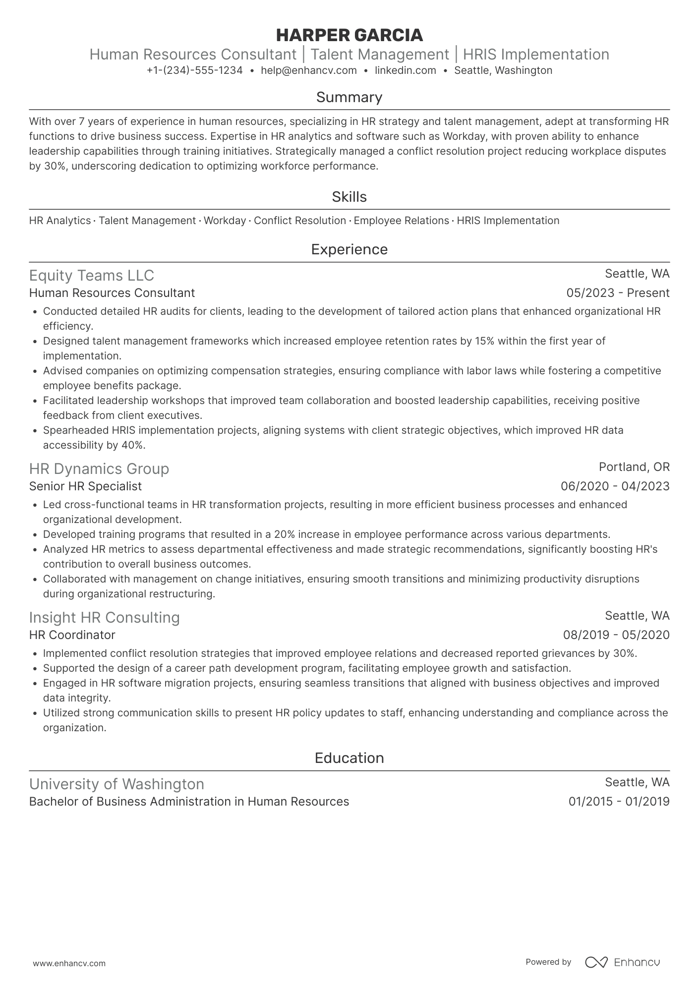 Human Resources Consultant resume example