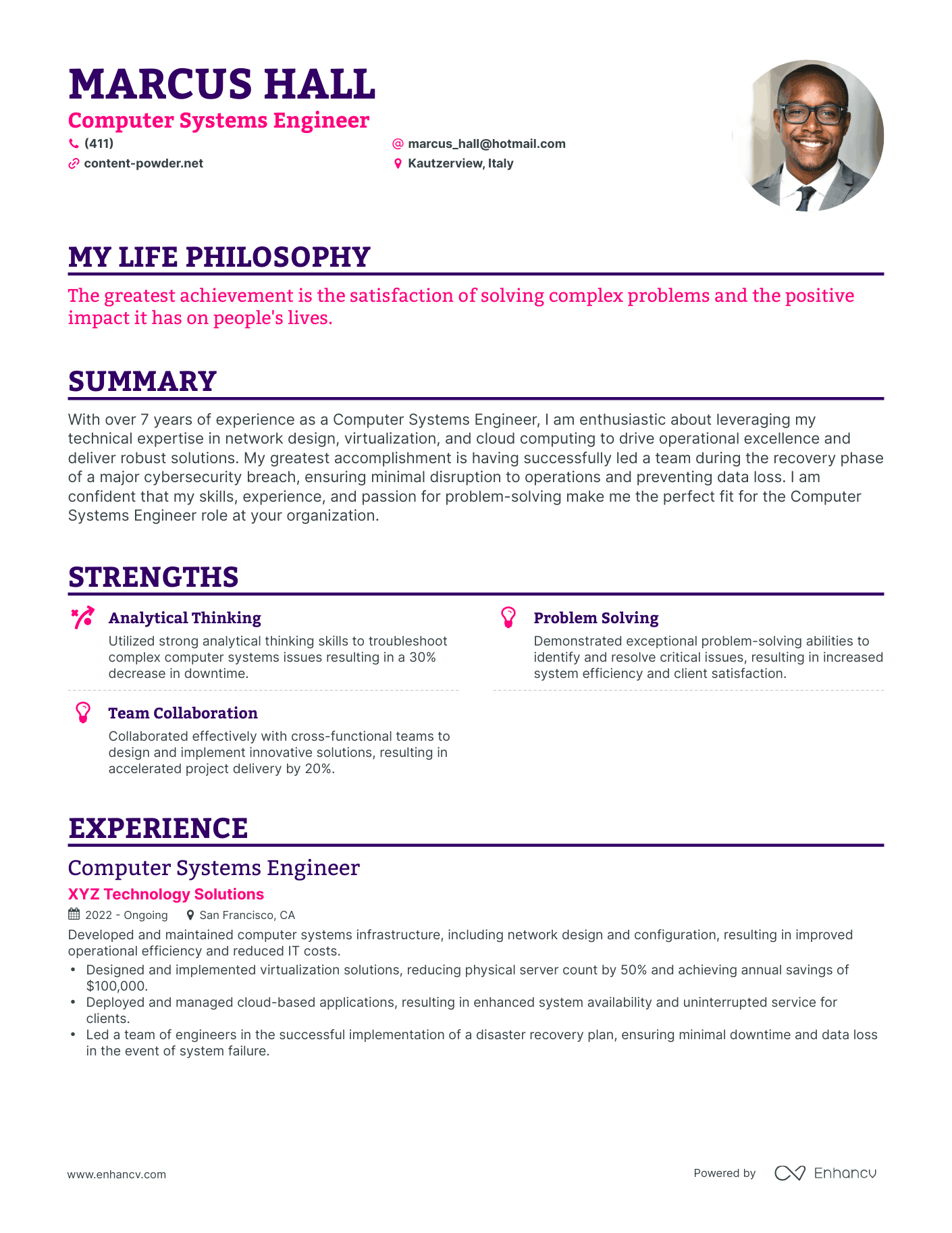 Creative Computer Systems Engineer Resume Example