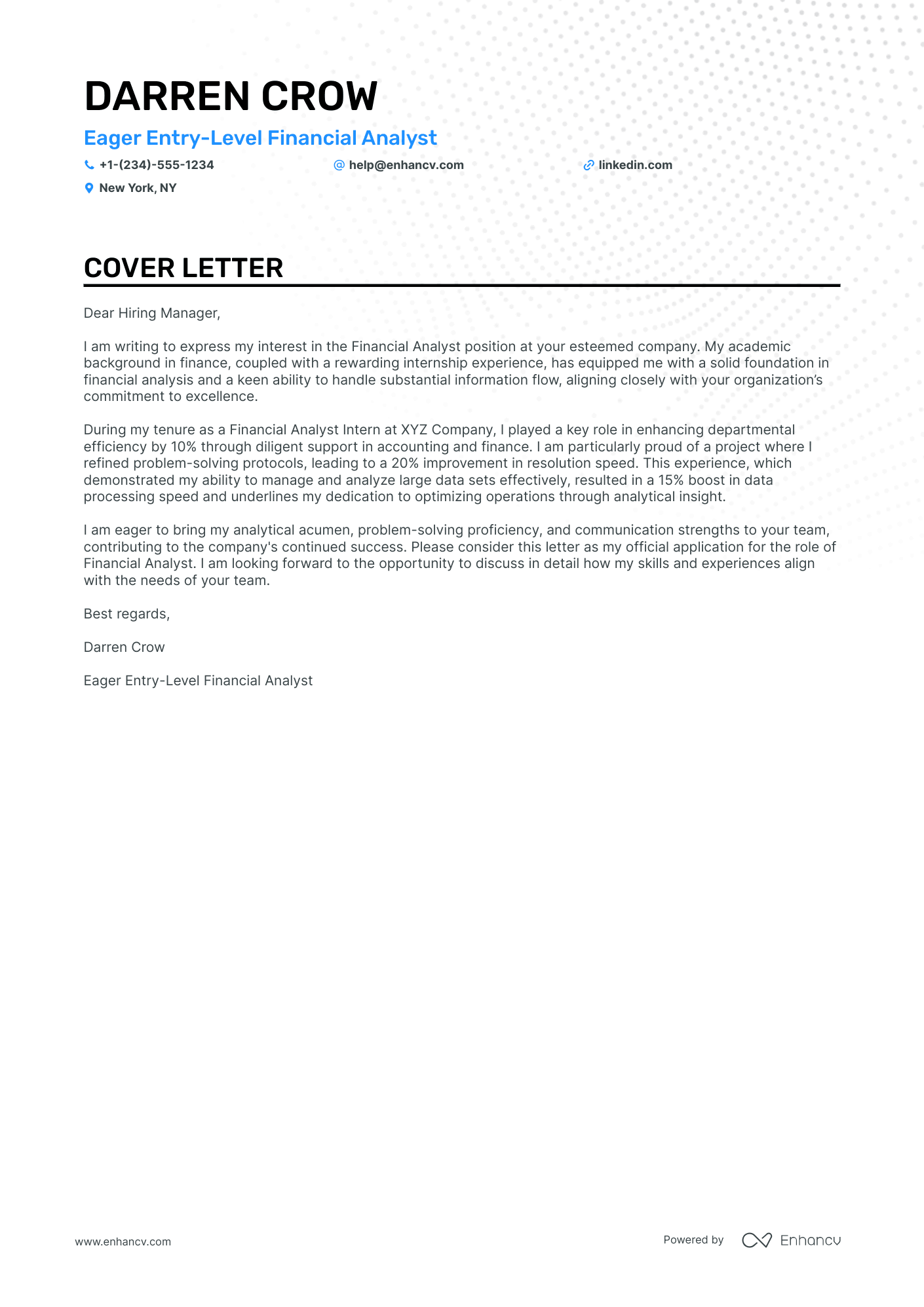 Entry Level Financial Analyst cover letter