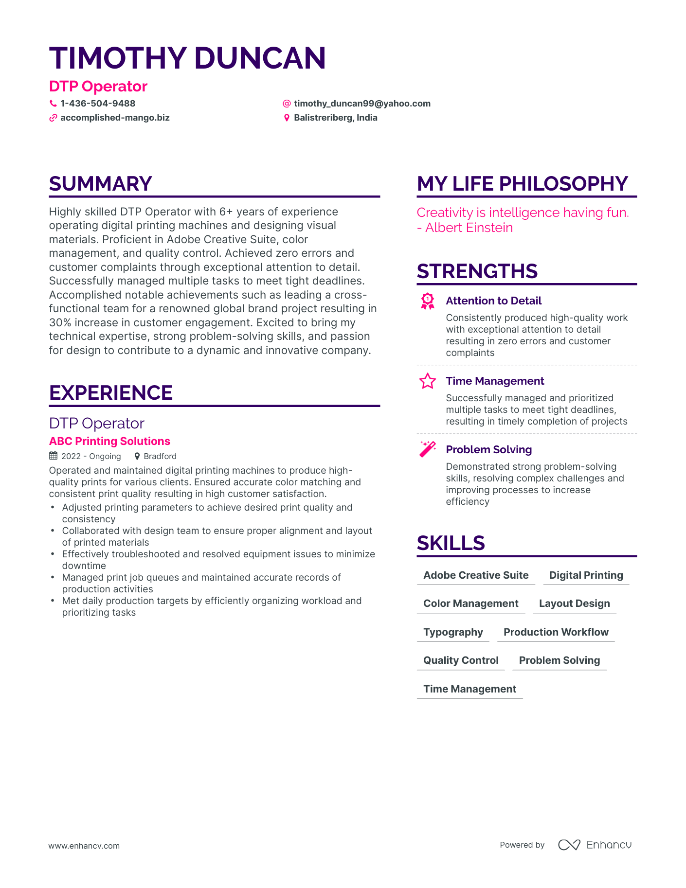 DTP Operator resume example