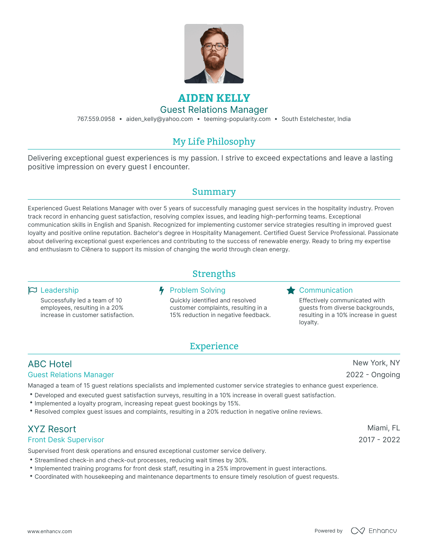 Modern Guest Relations Manager Resume Example