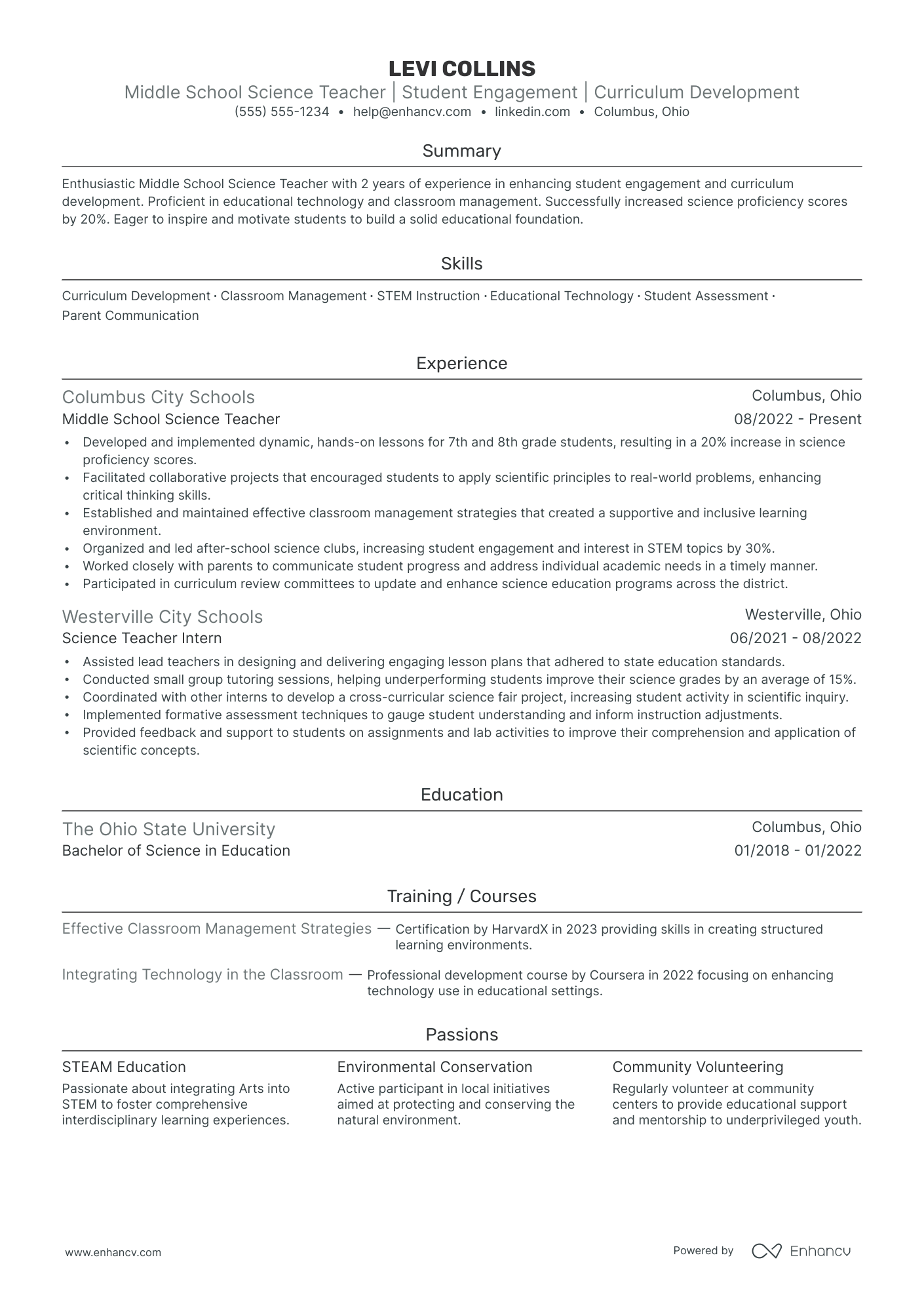 Science Teacher resume example