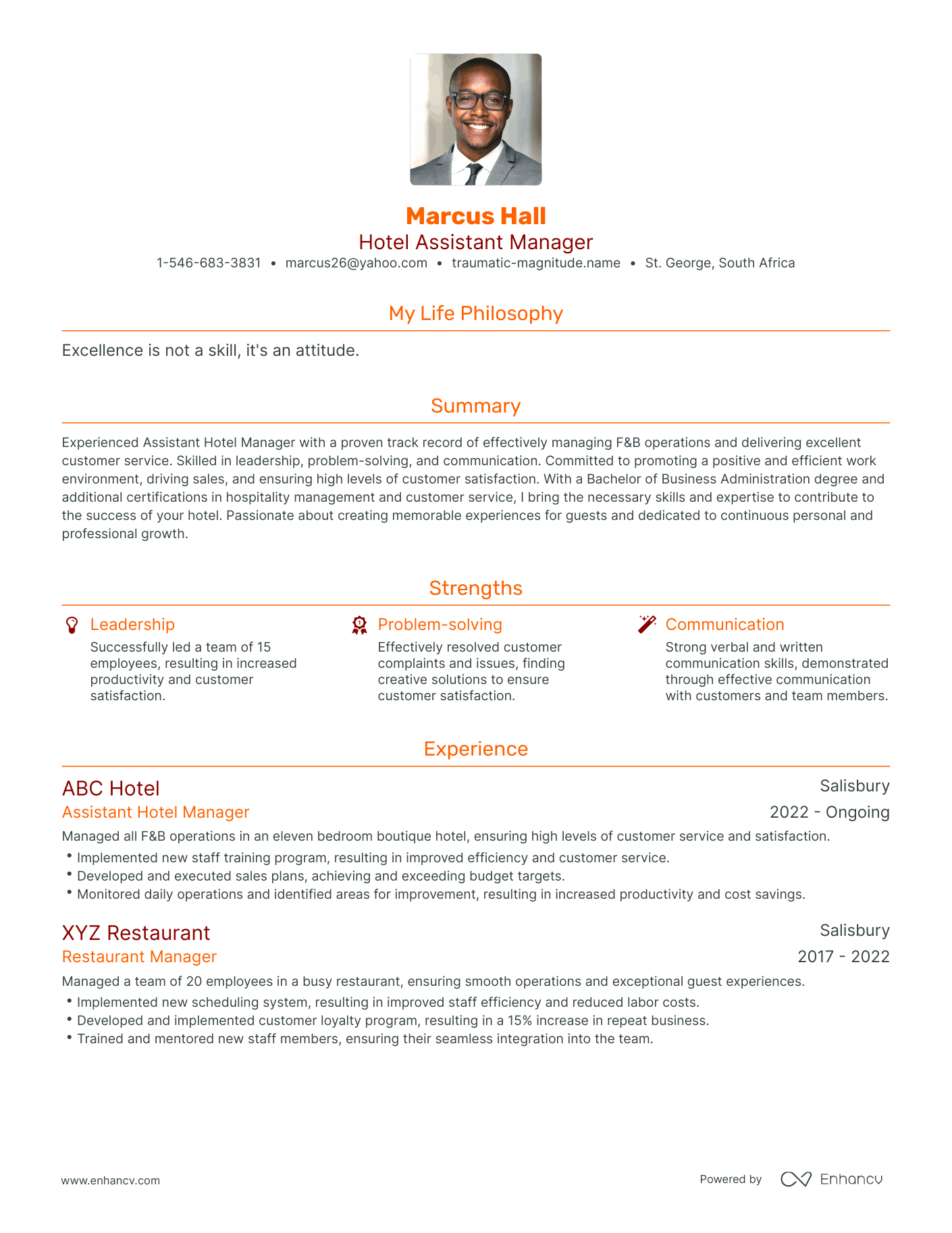 Modern Hotel Assistant Manager Resume Example