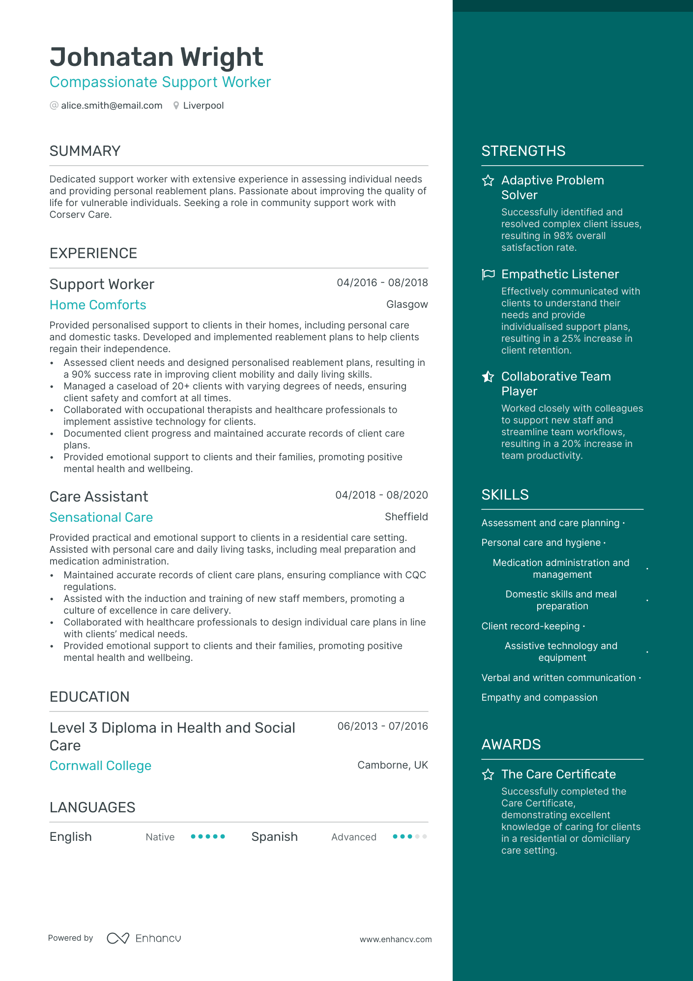Support Worker cv example