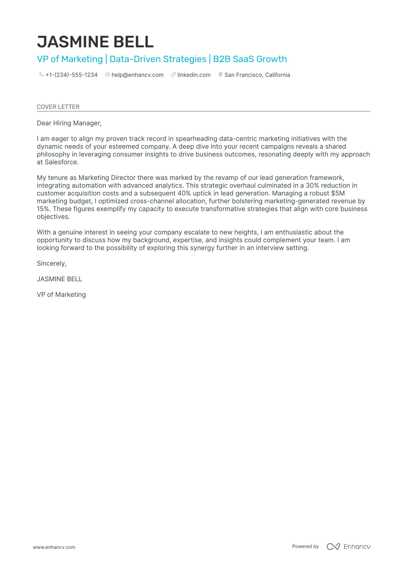 VP Marketing cover letter