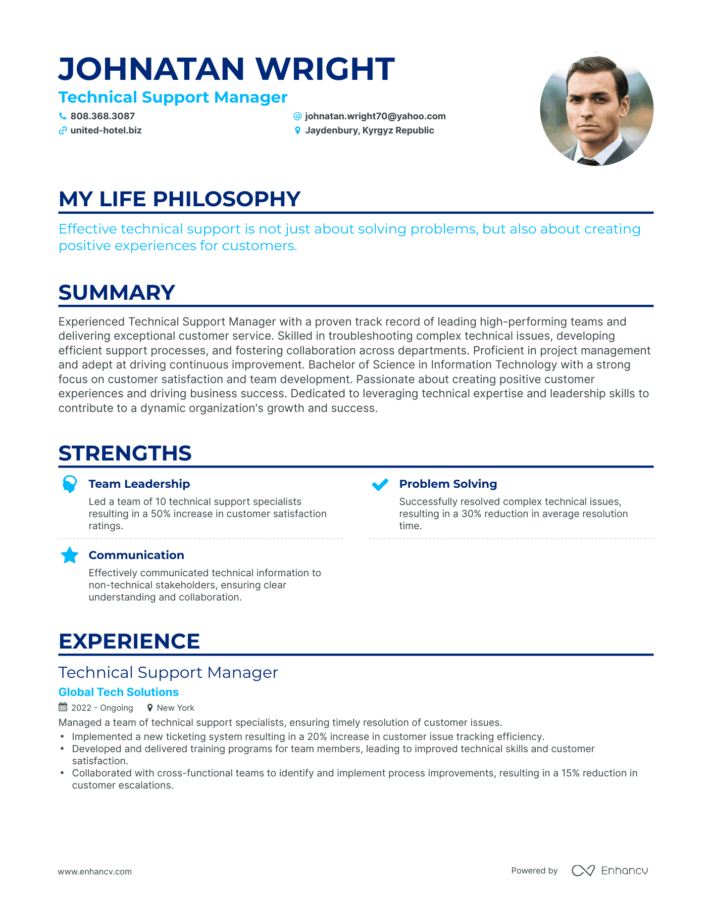 Creative Technical Support Manager Resume Example