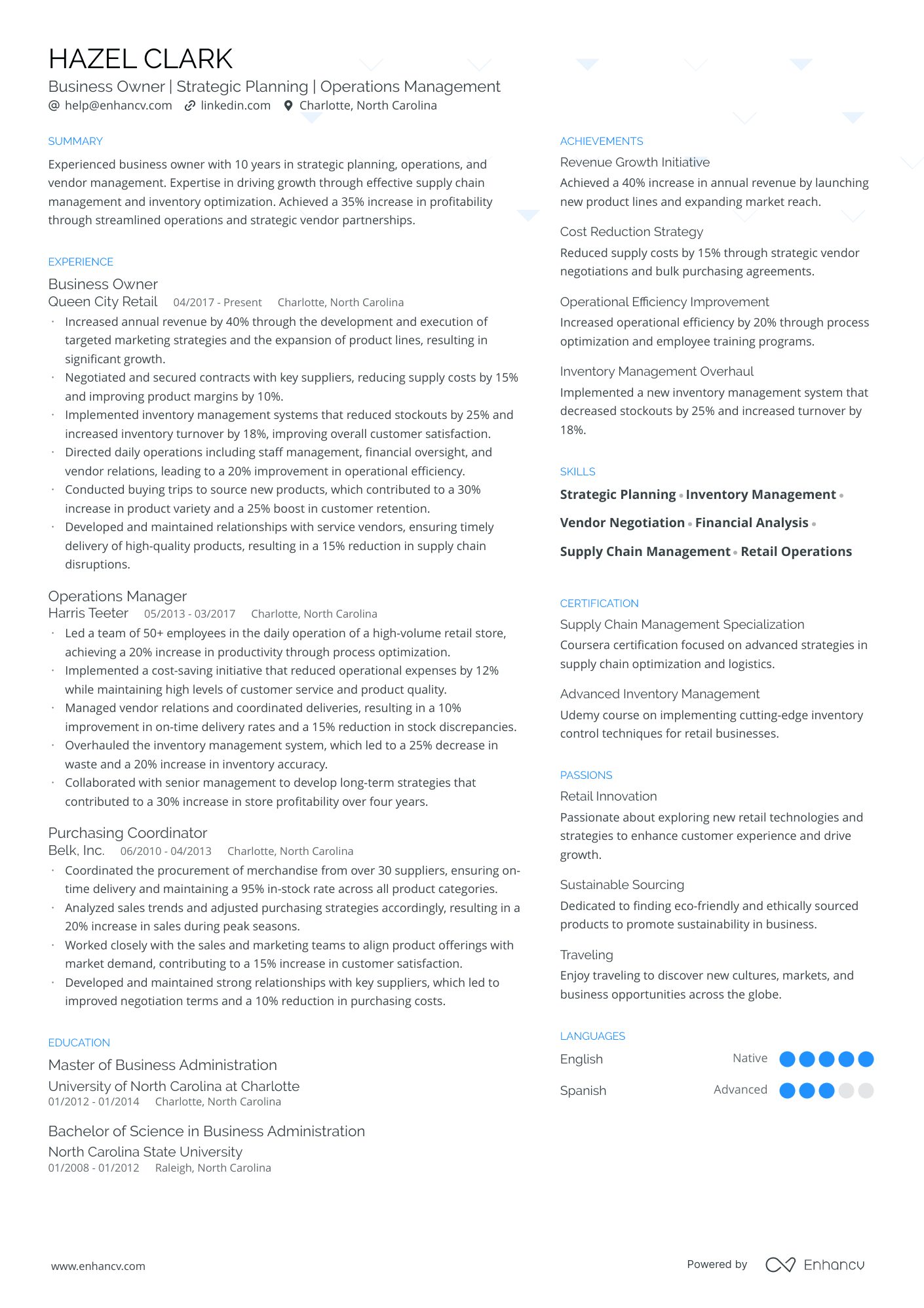 Business Owner resume example