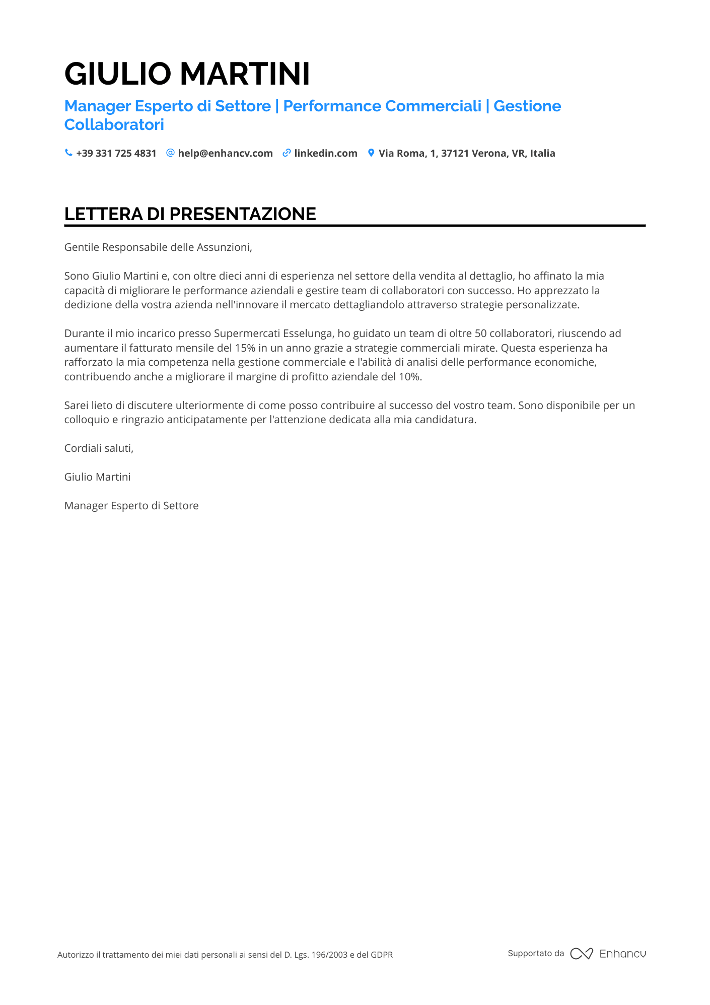 Eurospin Lettera di presentazione
