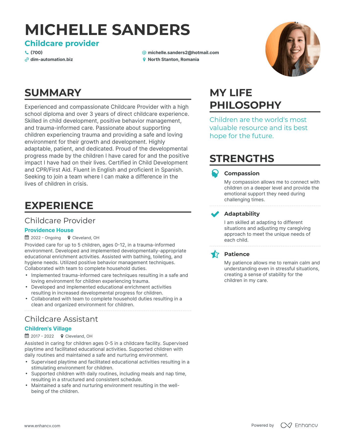 Childcare provider resume example