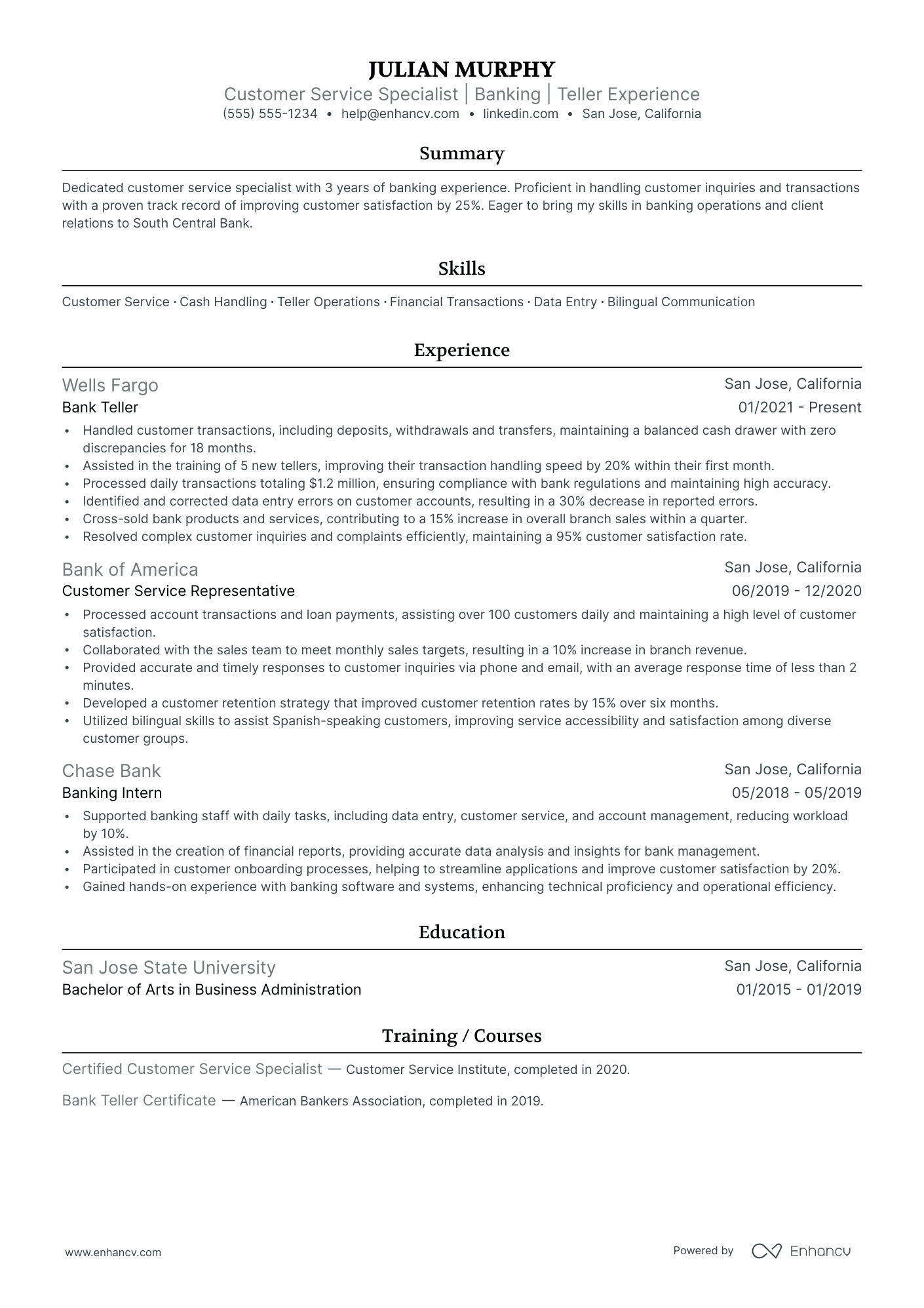 Certified Bank Teller resume example