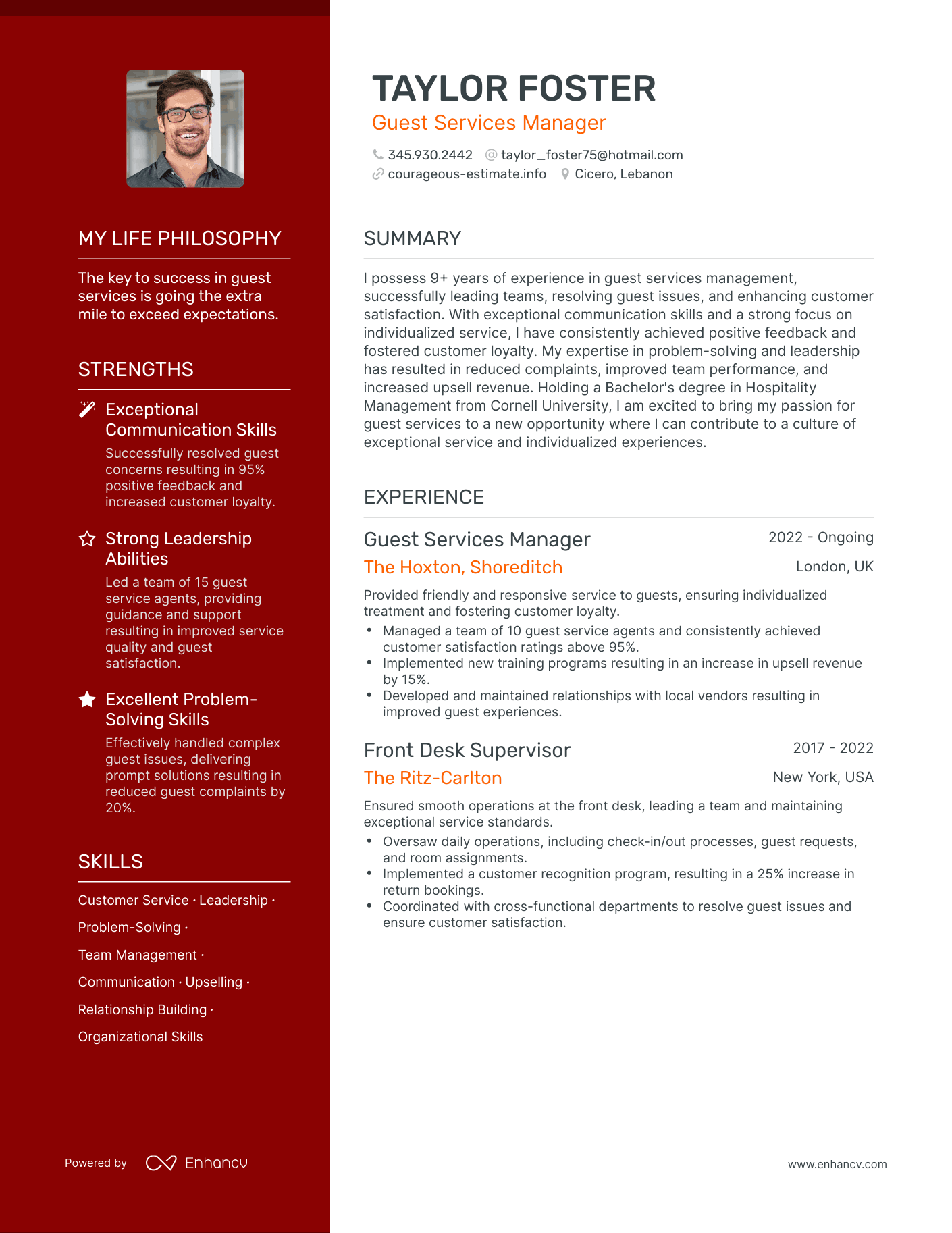 Creative Guest Services Manager Resume Example