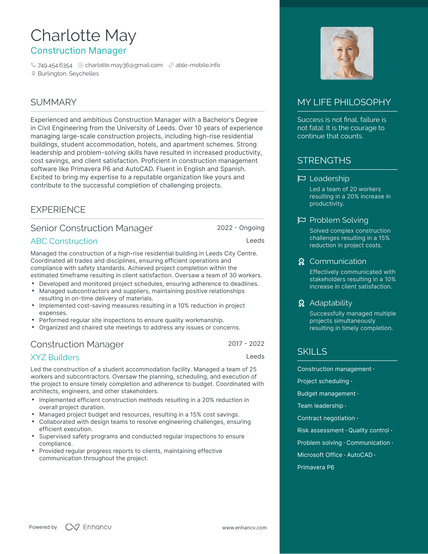 Modern Construction Manager Resume Example