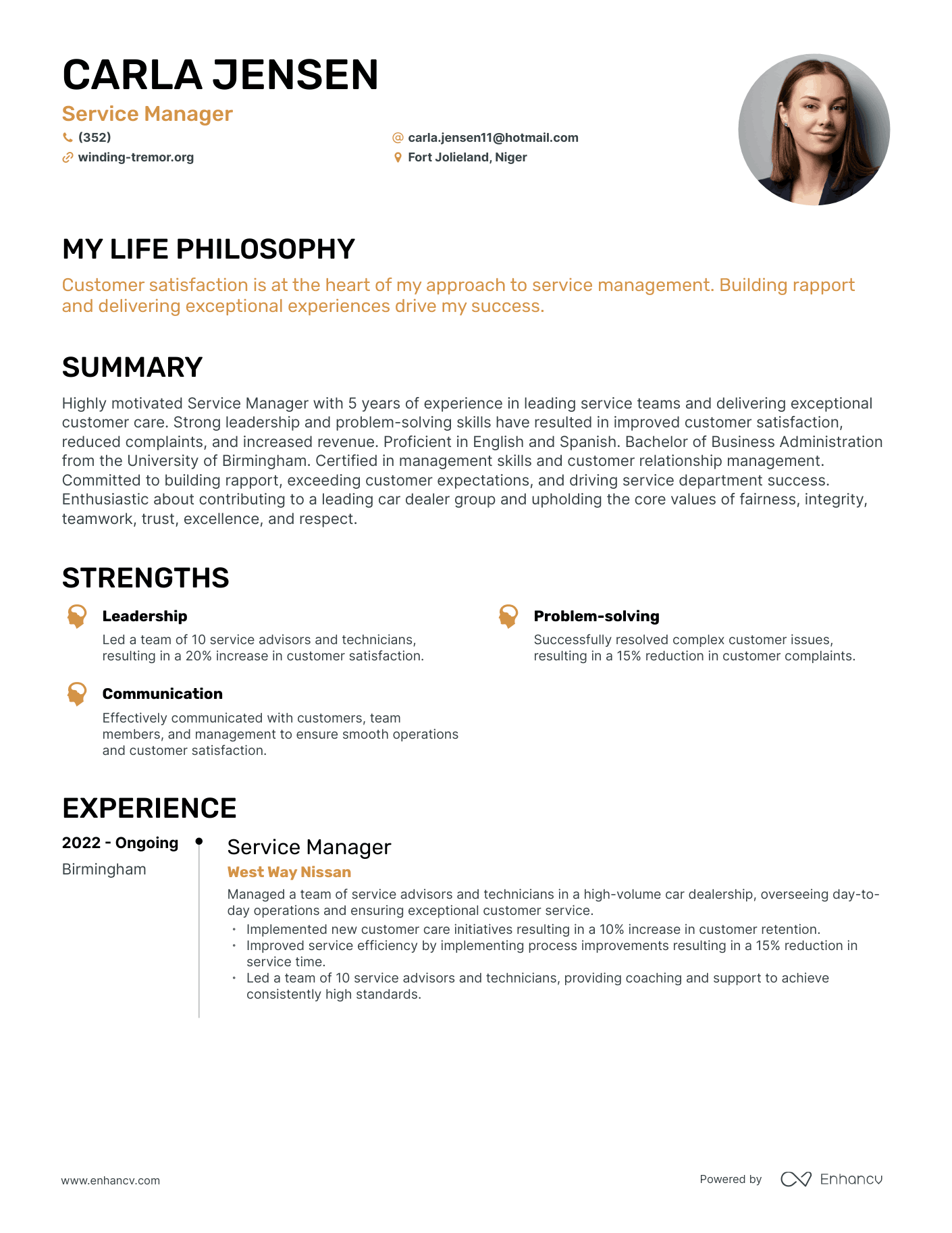 Creative Service Manager Resume Example