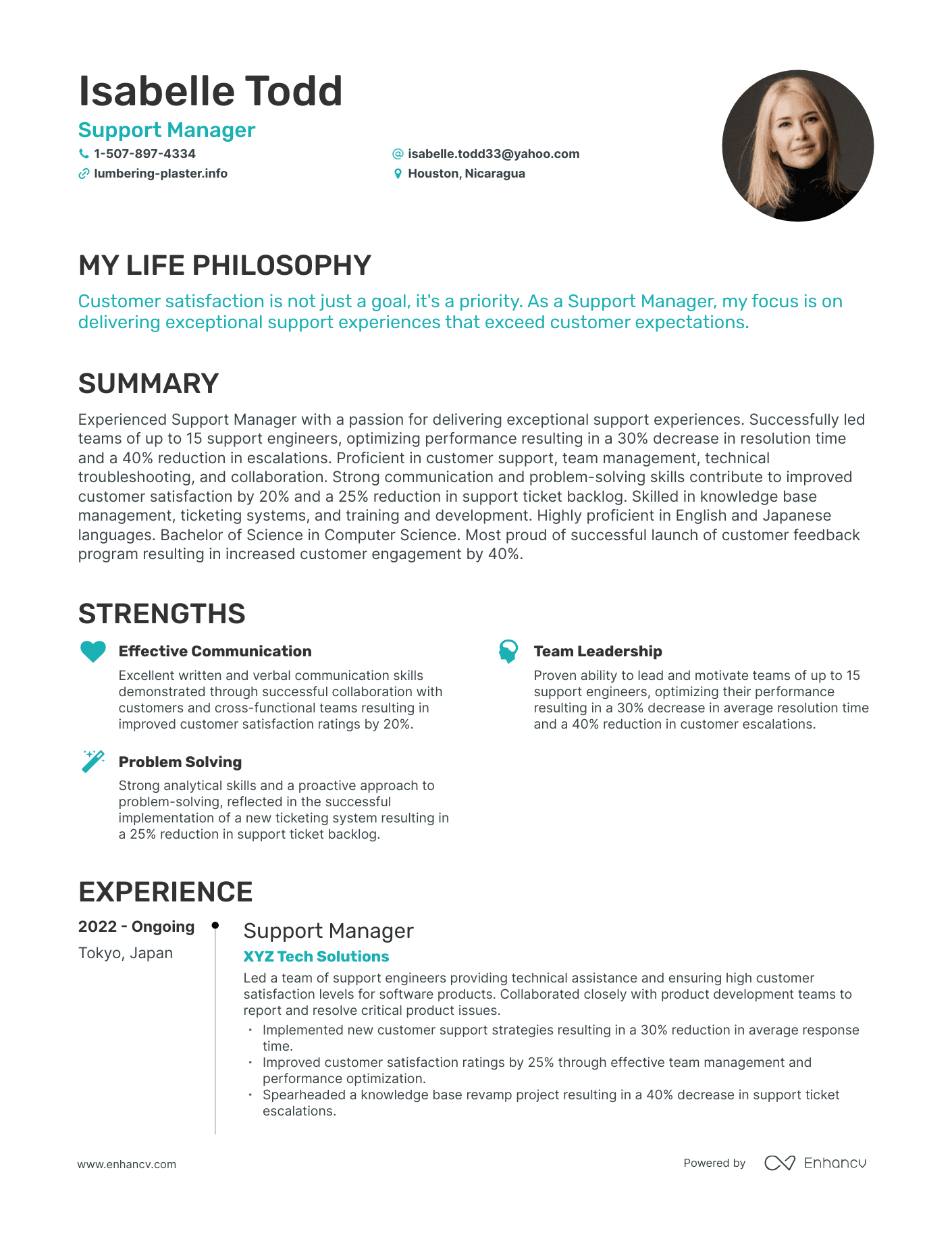 Creative Support Manager Resume Example