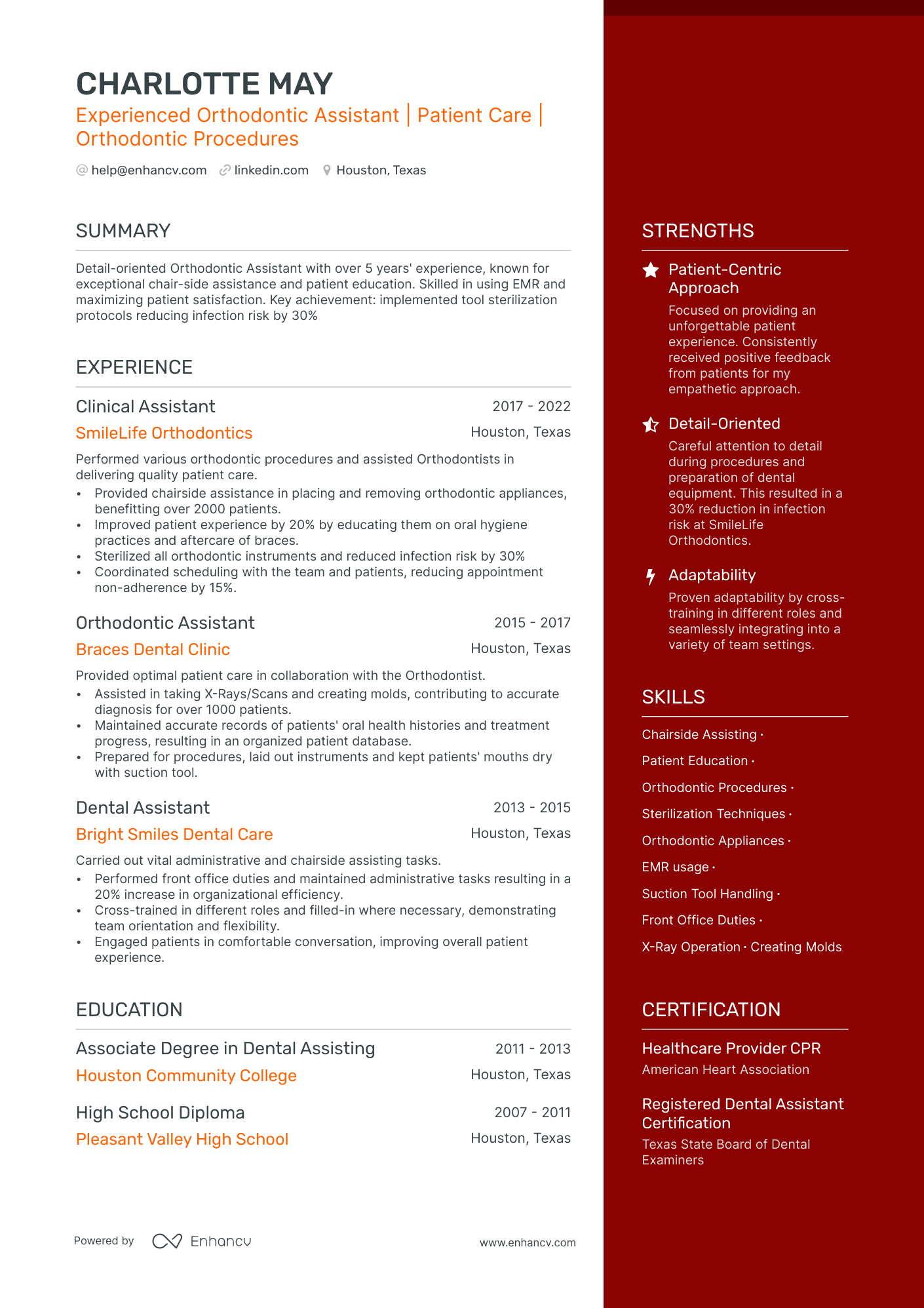 Orthodontic Dental Assistant resume example
